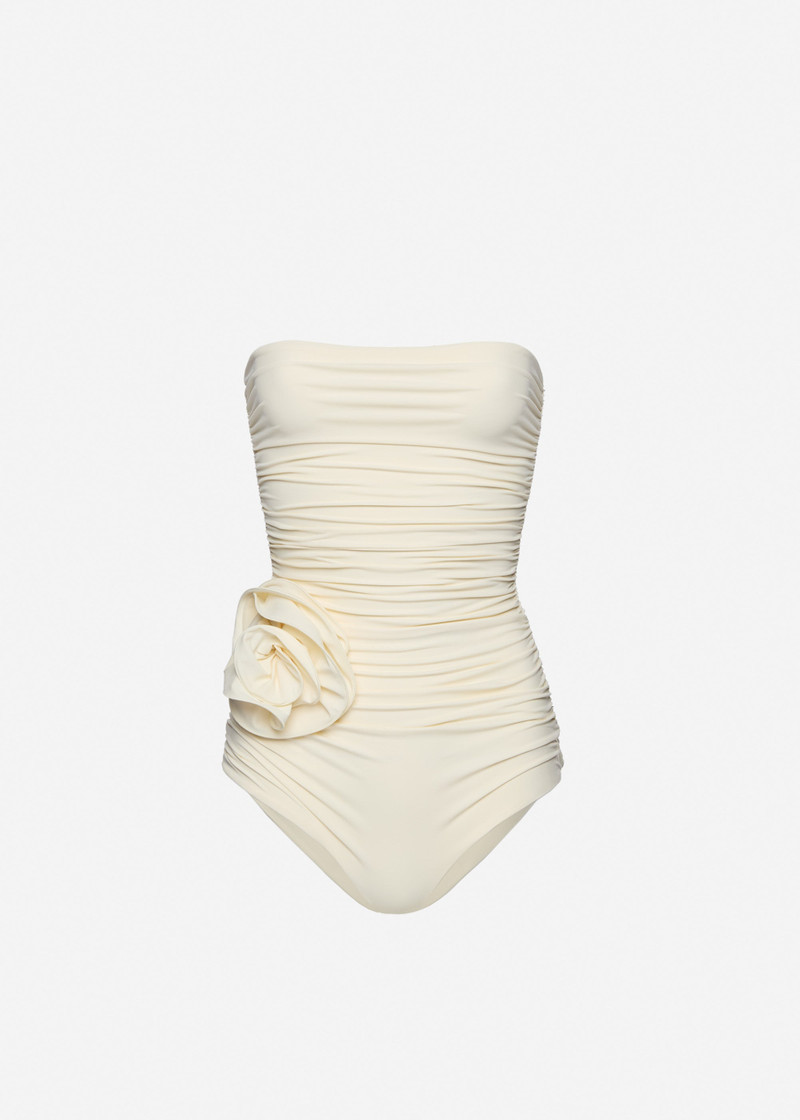 Flower appliqué strapless draped swimsuit in cream 1
