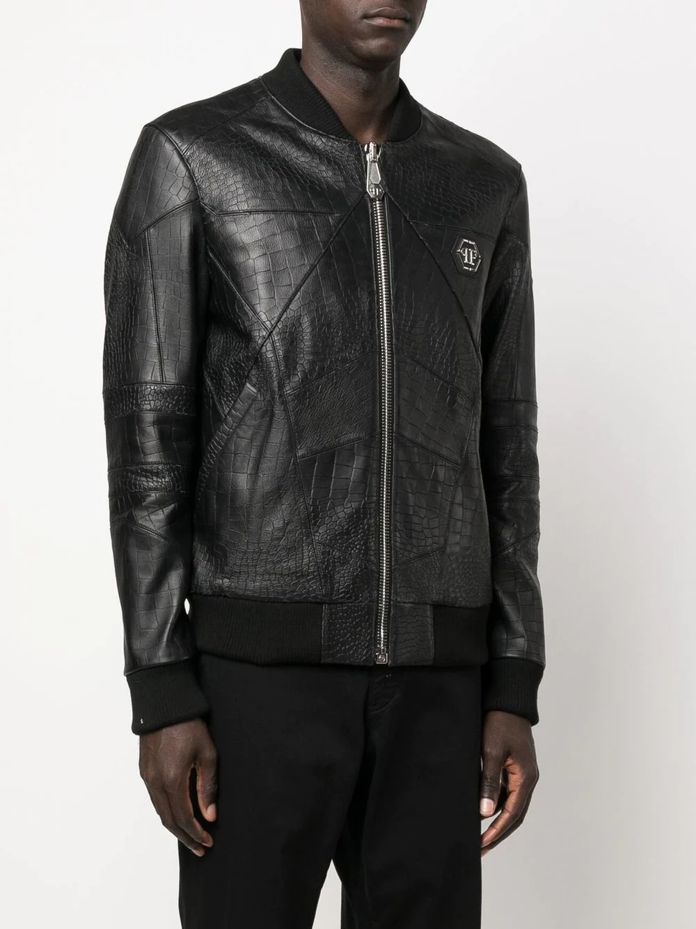 logo-plaque leather bomber jacket - 3