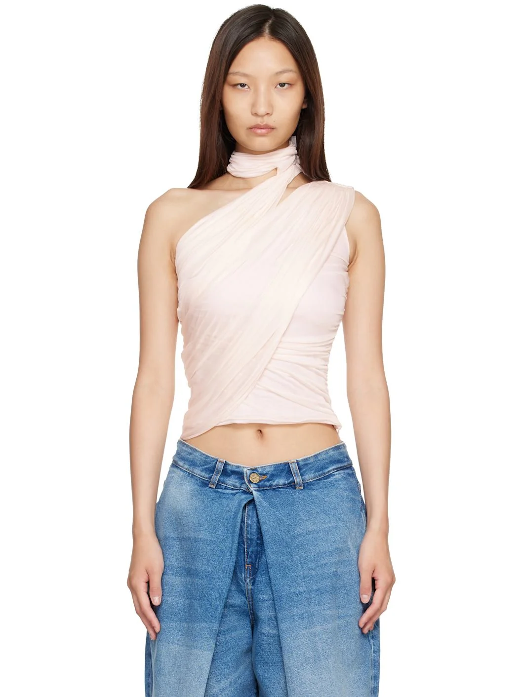 Pink Cross Neck Draped Fluid Jersey Top - 1