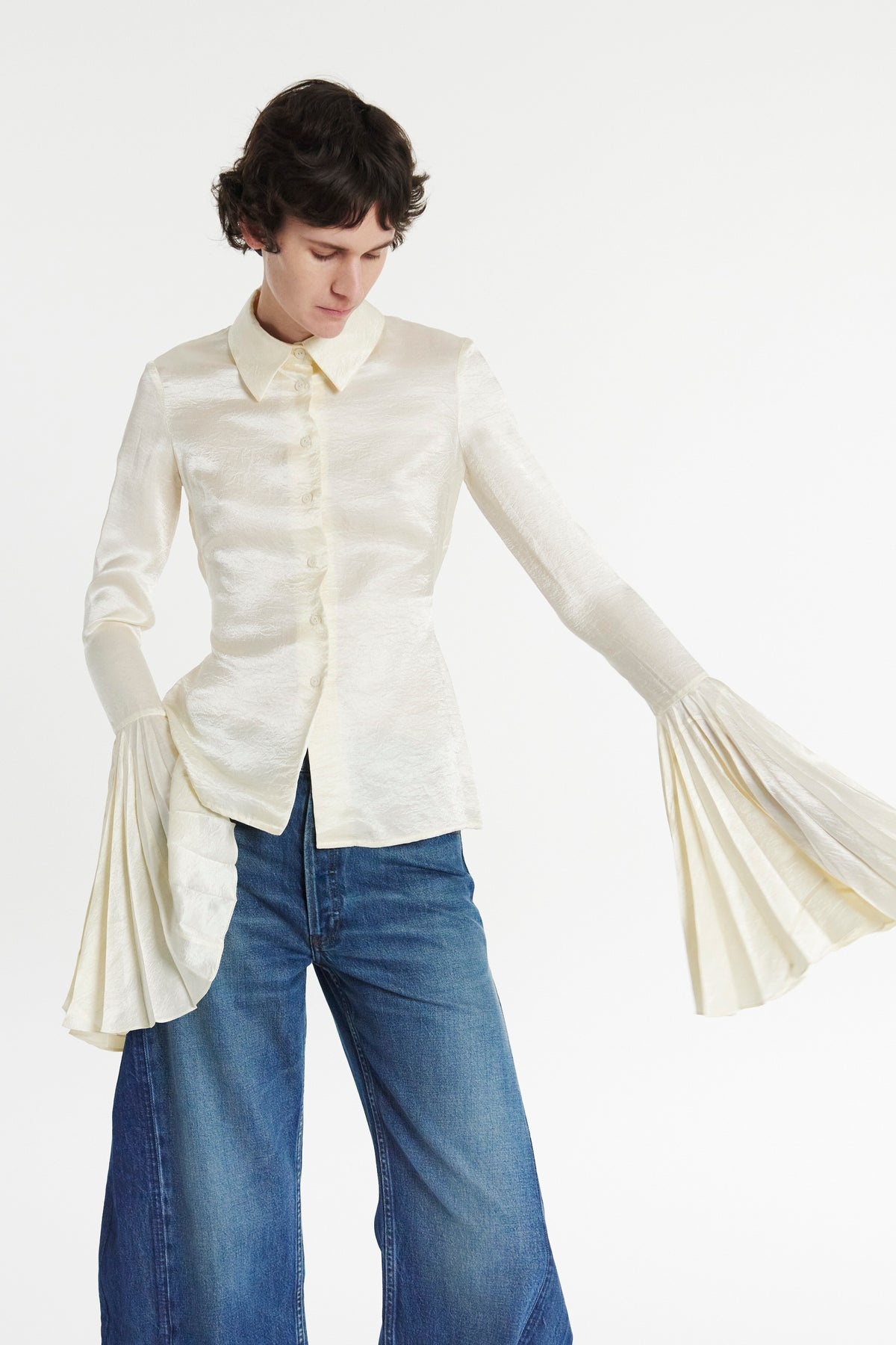 SATIN SHIRT WITH PLEATED BELL SLEEVES IVORY - 11