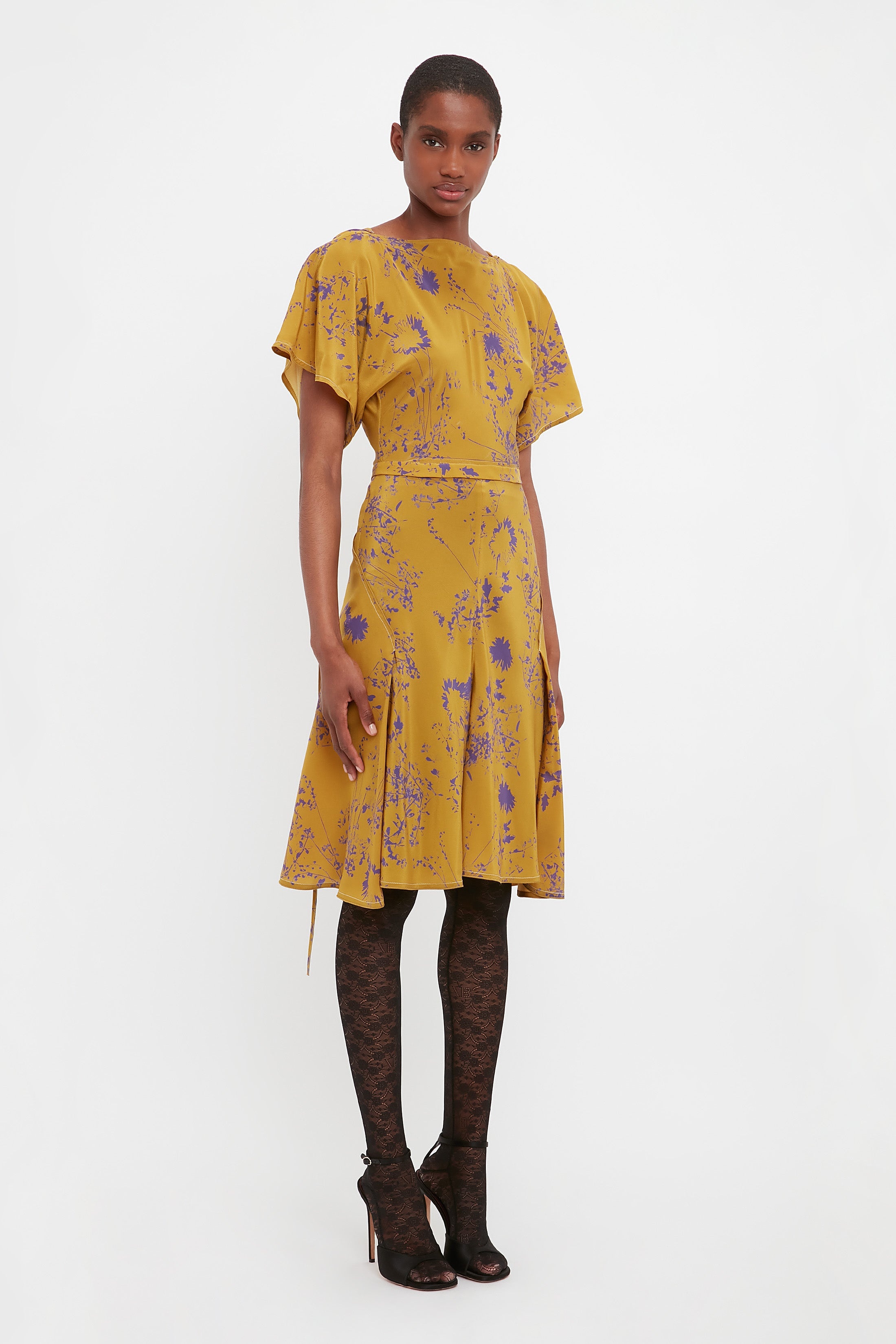 Draped Sleeve Cut Out Mini Dress In Yellow Ochre - 4
