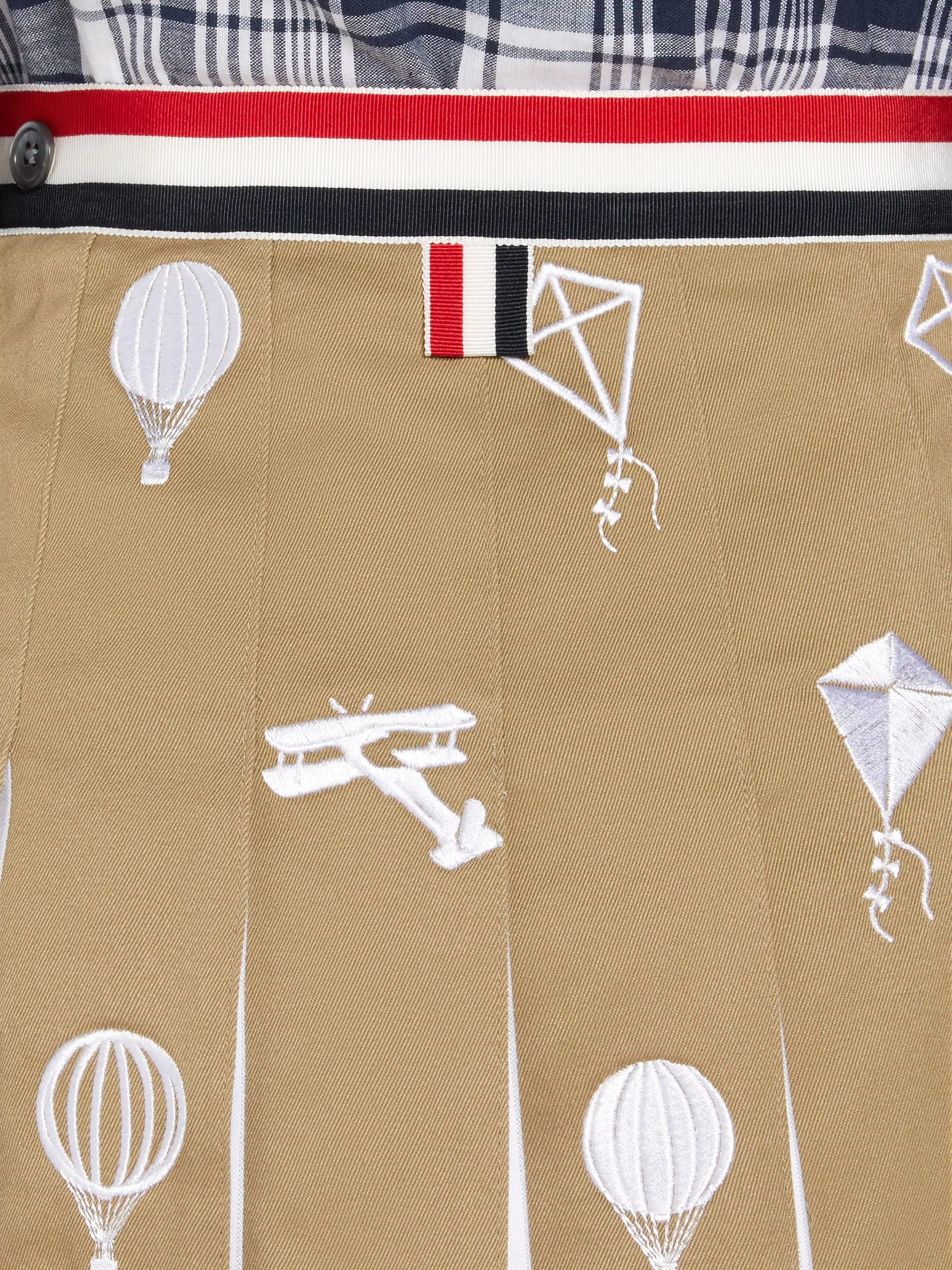 Camel Cotton Twill Sky Icon Half Drop Stripe Waistband Dropped Back Below the Knee Pleated Skirt - 6
