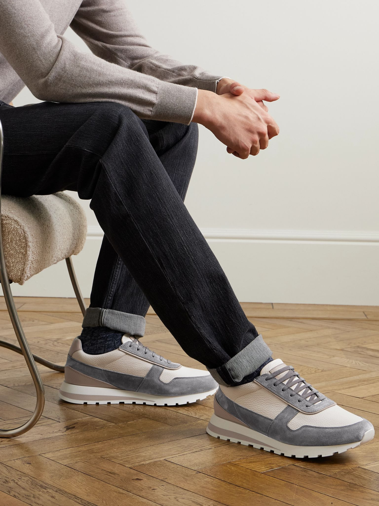 Olimpo Textured-Leather and Suede Sneakers Gray - 2