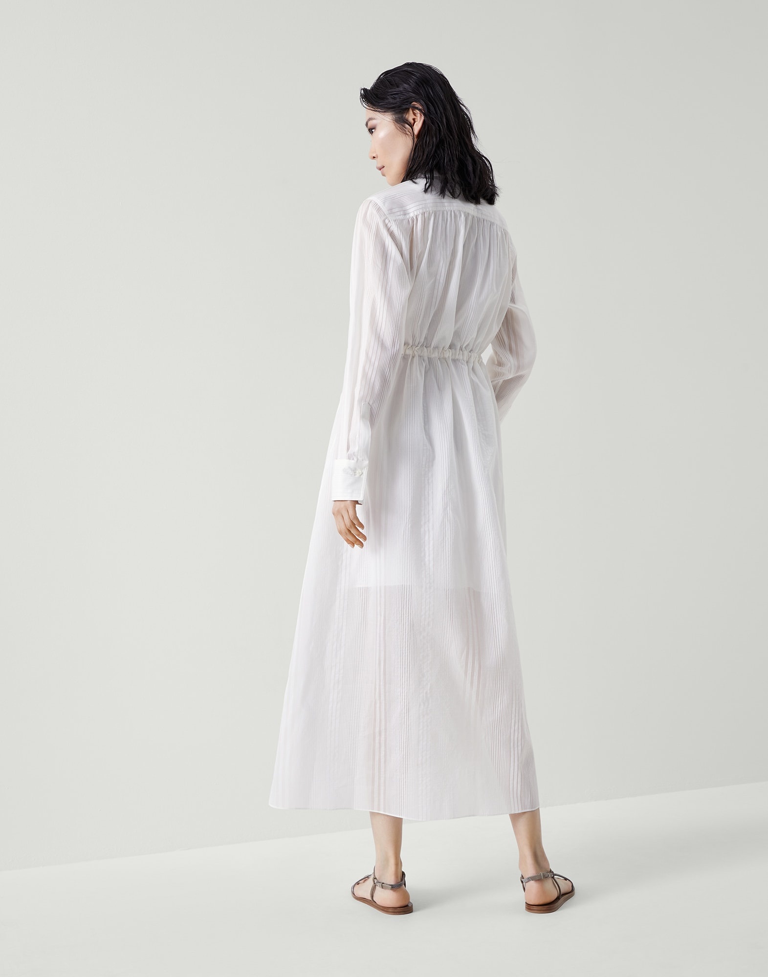 Cotton and silk sheer stripe organza belted shirt dress with precious eyelets - 3