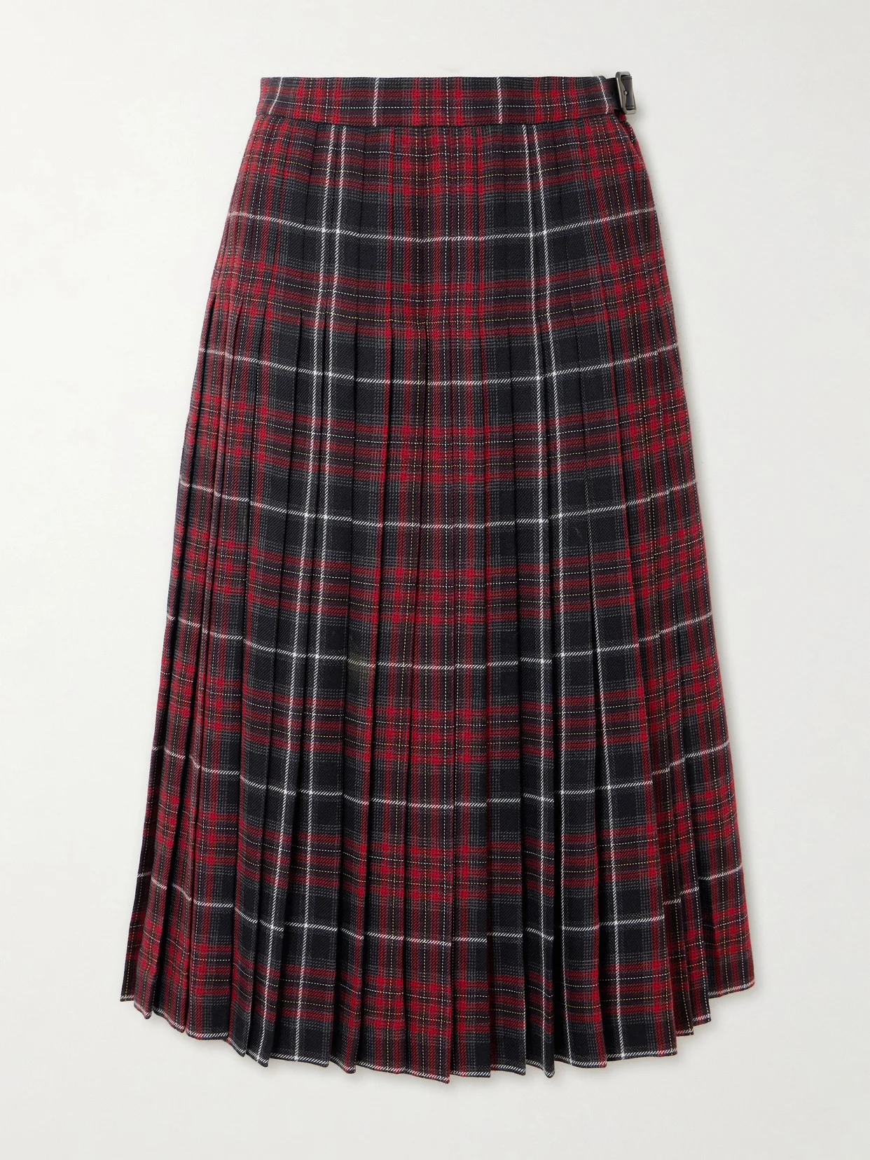 Buckled Pleated Checked Woven Midi Skirt - 1