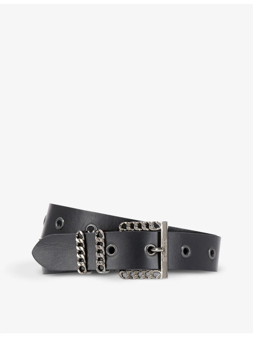 Chain-embellished logo-embossed leather belt - 1