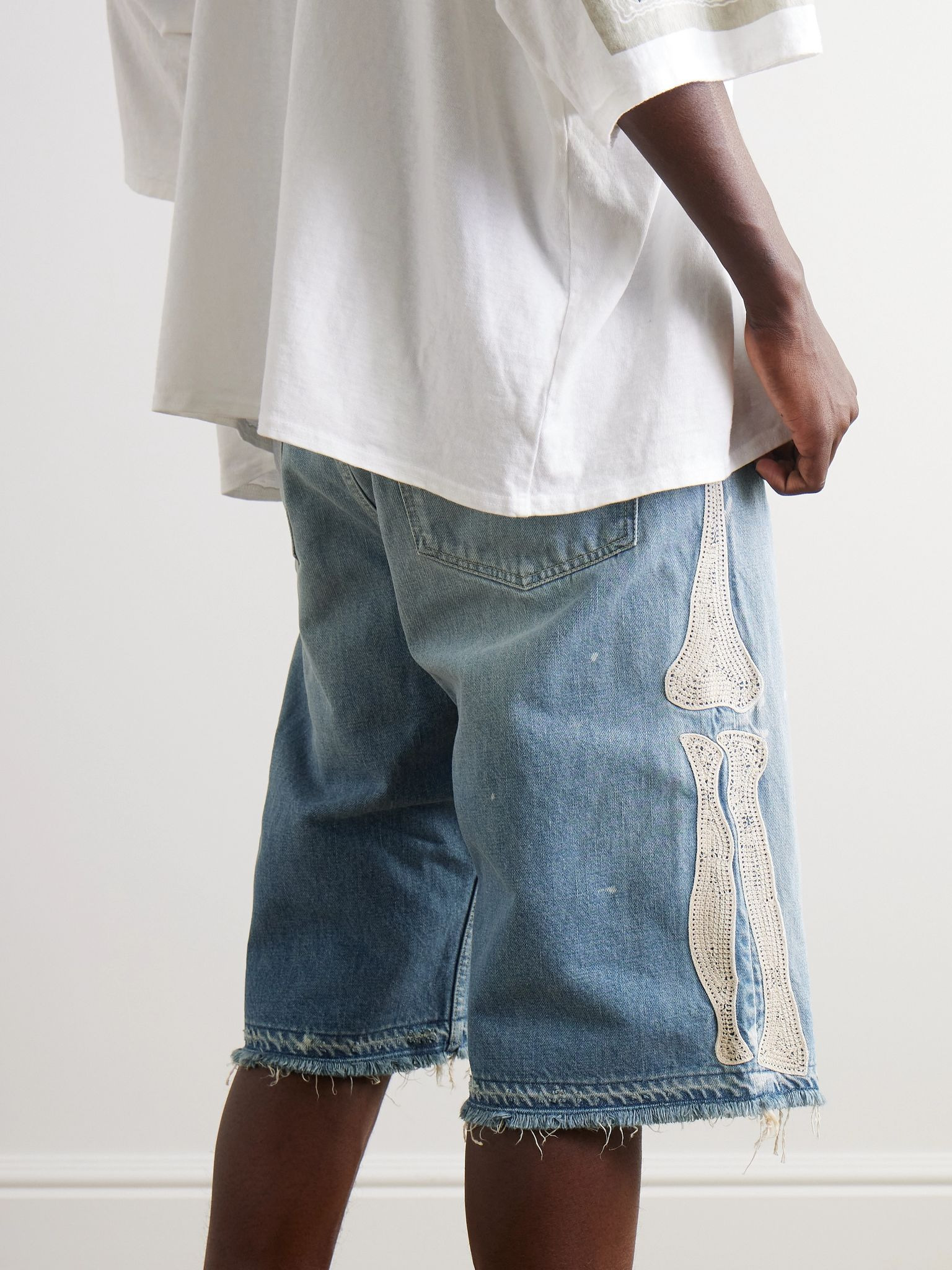Straight-Leg Appliquéd Distressed Denim Shorts Blue - 3