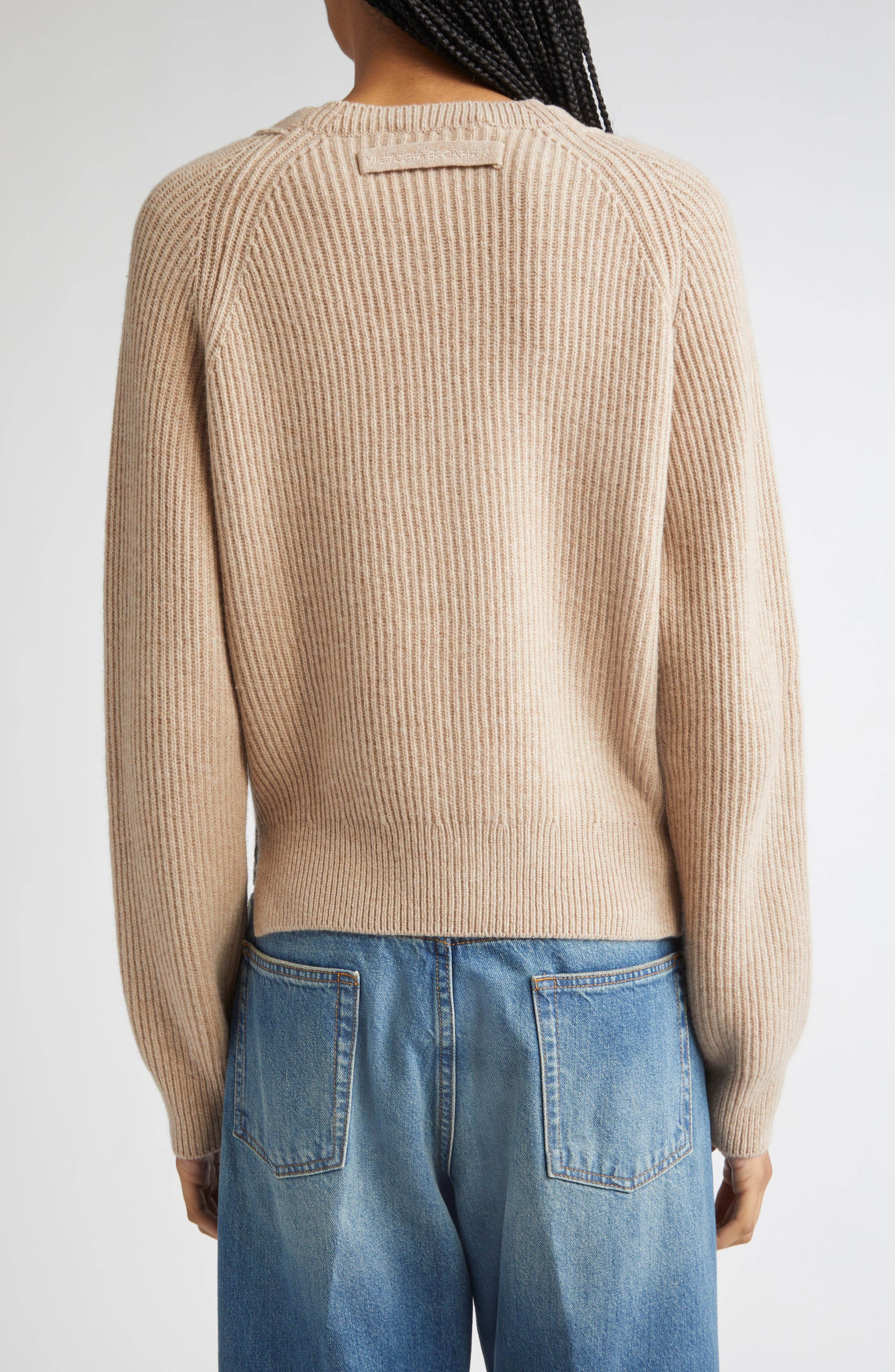 Victoria Beckham Wool & Cashmere Rib Cardigan in Sand at Nordstrom - 2