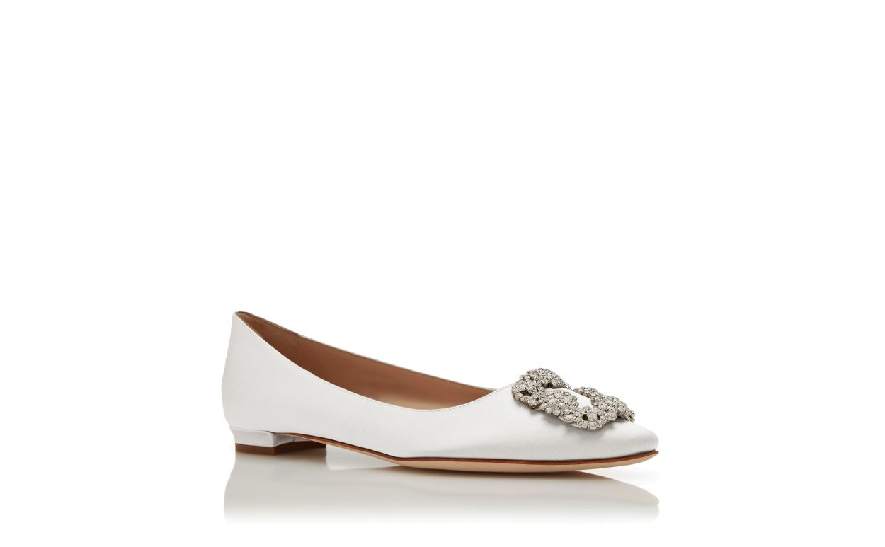 Light Cream Satin Jewel Buckle Flat Pumps - 3