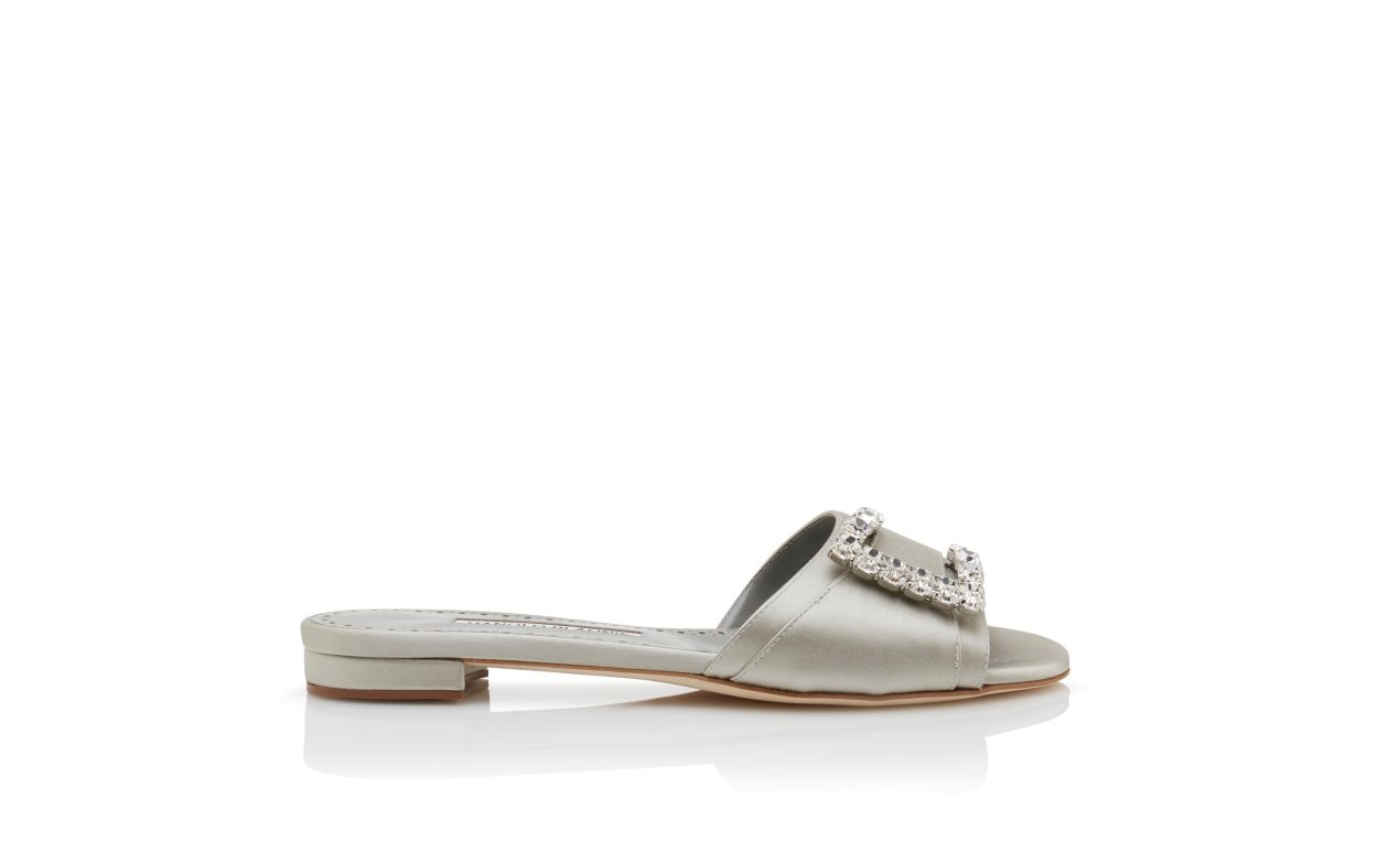 Grey Satin Embellished Flat Sandals - 1