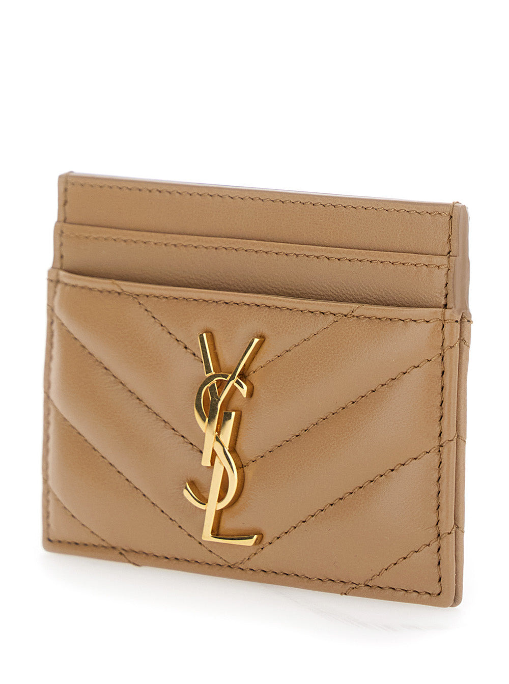 Saint Laurent Women Beige Card Holder With Cassandre Plaque On Front In Chevron Leather Woman - 2