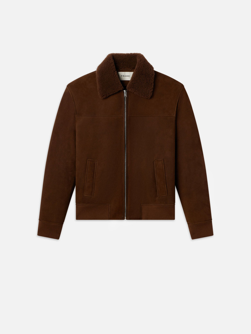 Suede Shearling Bomber in Dark Camel 1