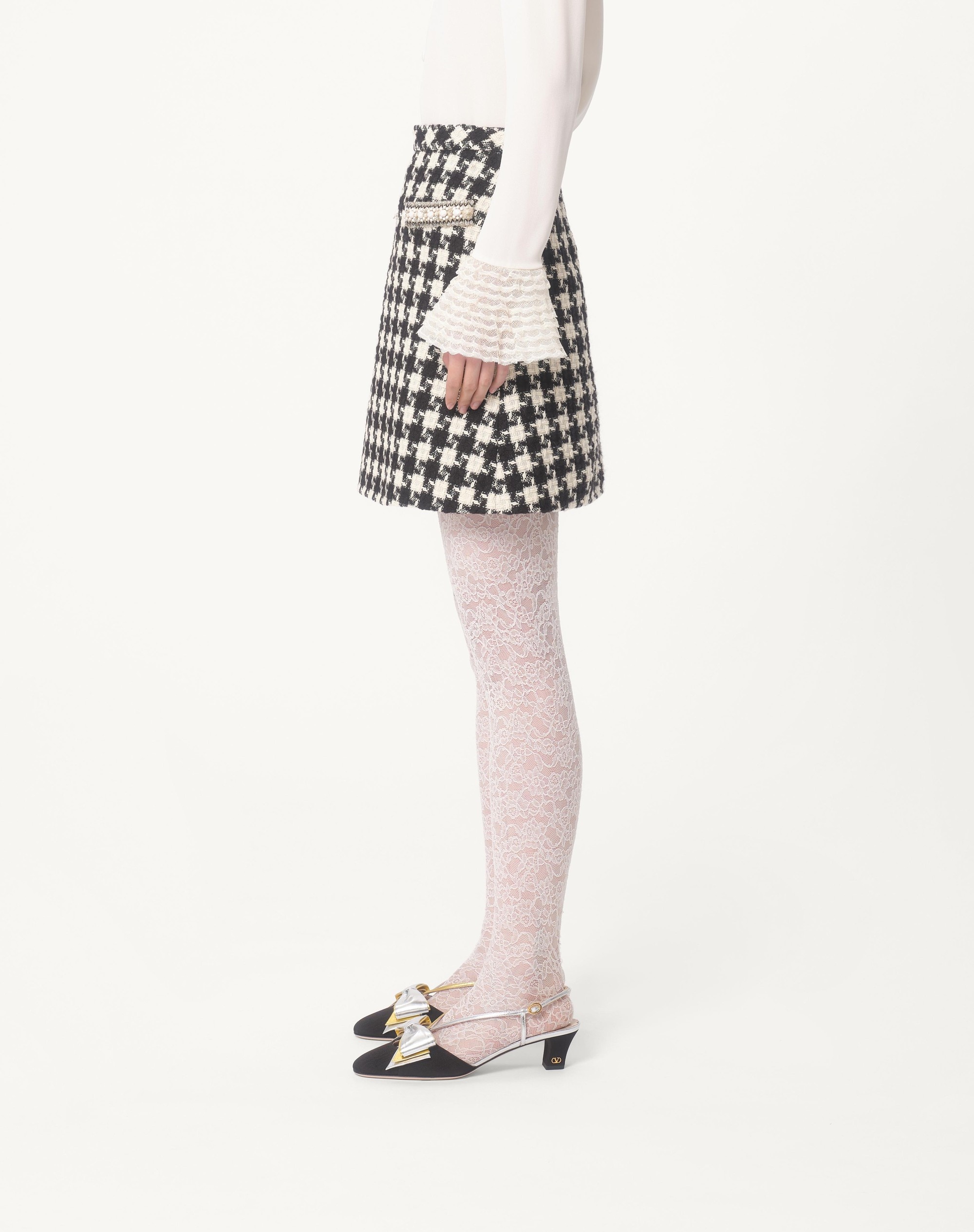 EMBROIDERED DAMIER LIGHT TWEED SKIRT - 6