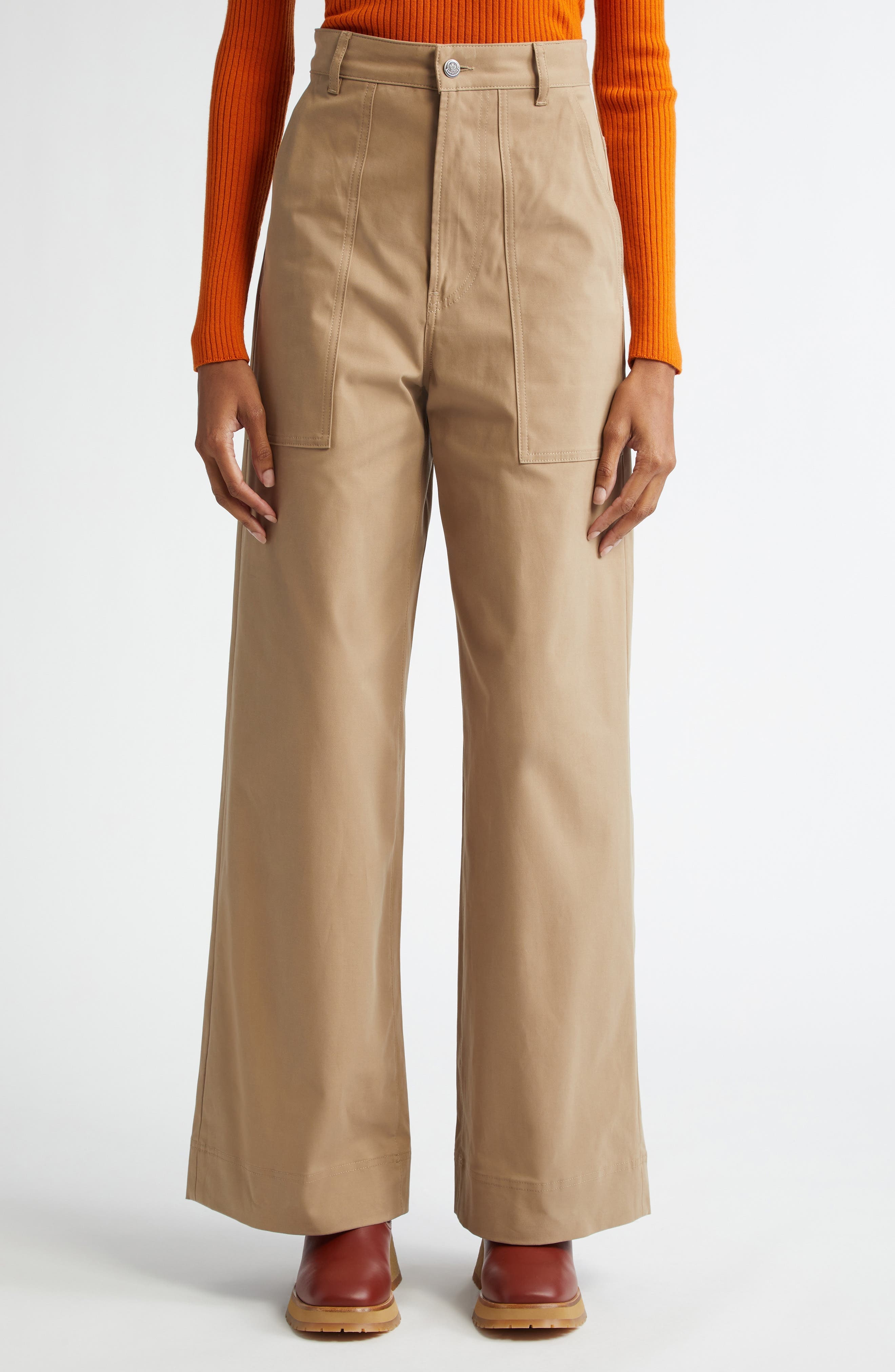 Moncler Cotton Stretch Gabardine Wide Leg Pants in Beige at Nordstrom - 1