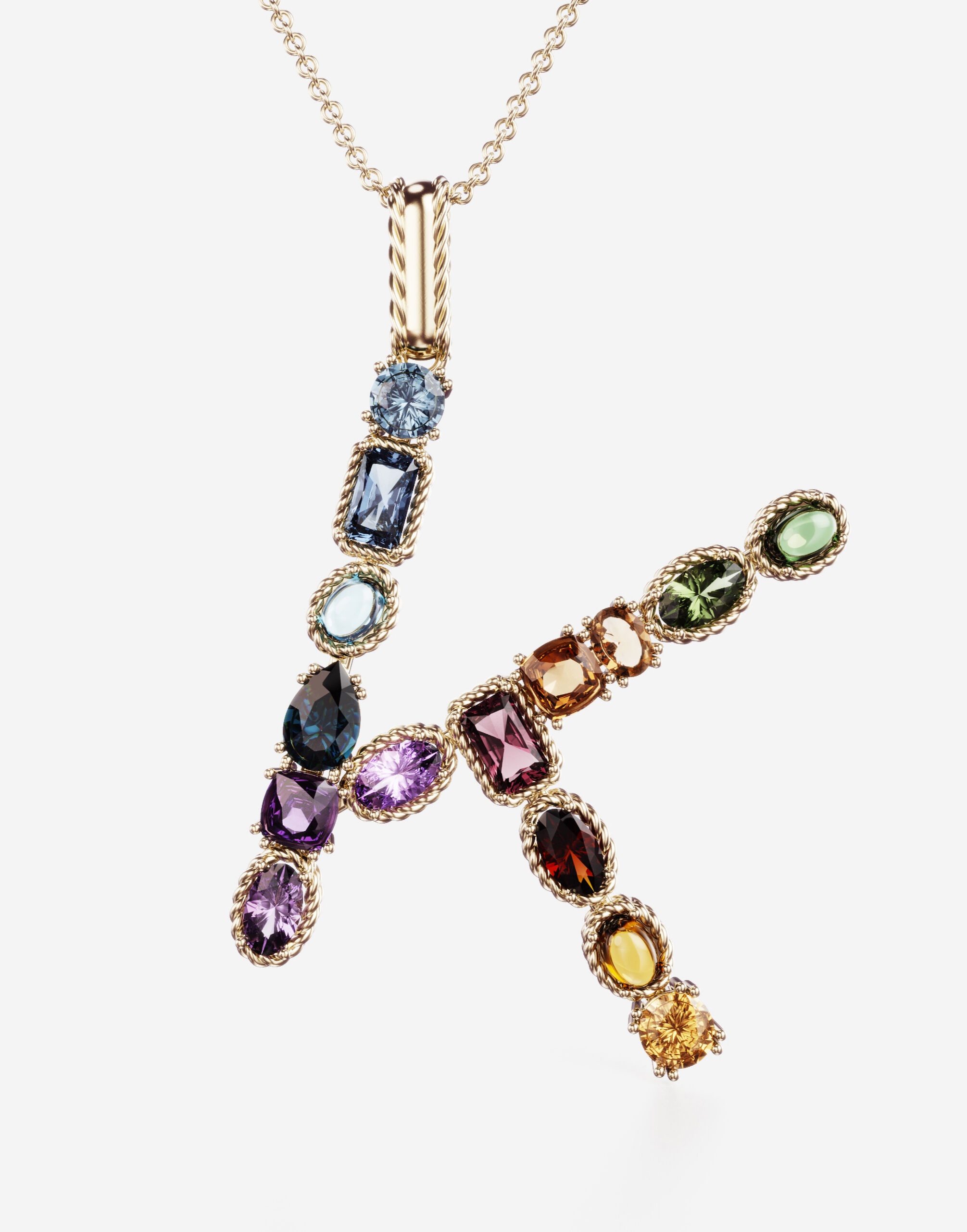 Rainbow alphabet K pendant in yellow gold with multicolor fine gems - 2