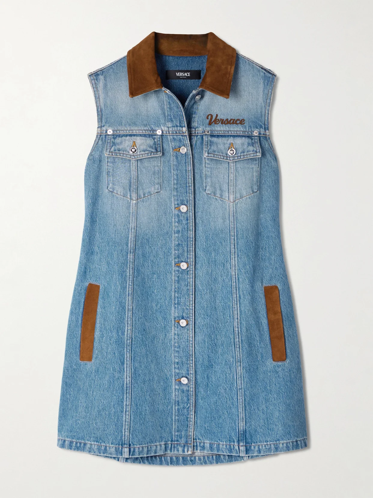 Suede-trimmed Denim Mini Dress - 1
