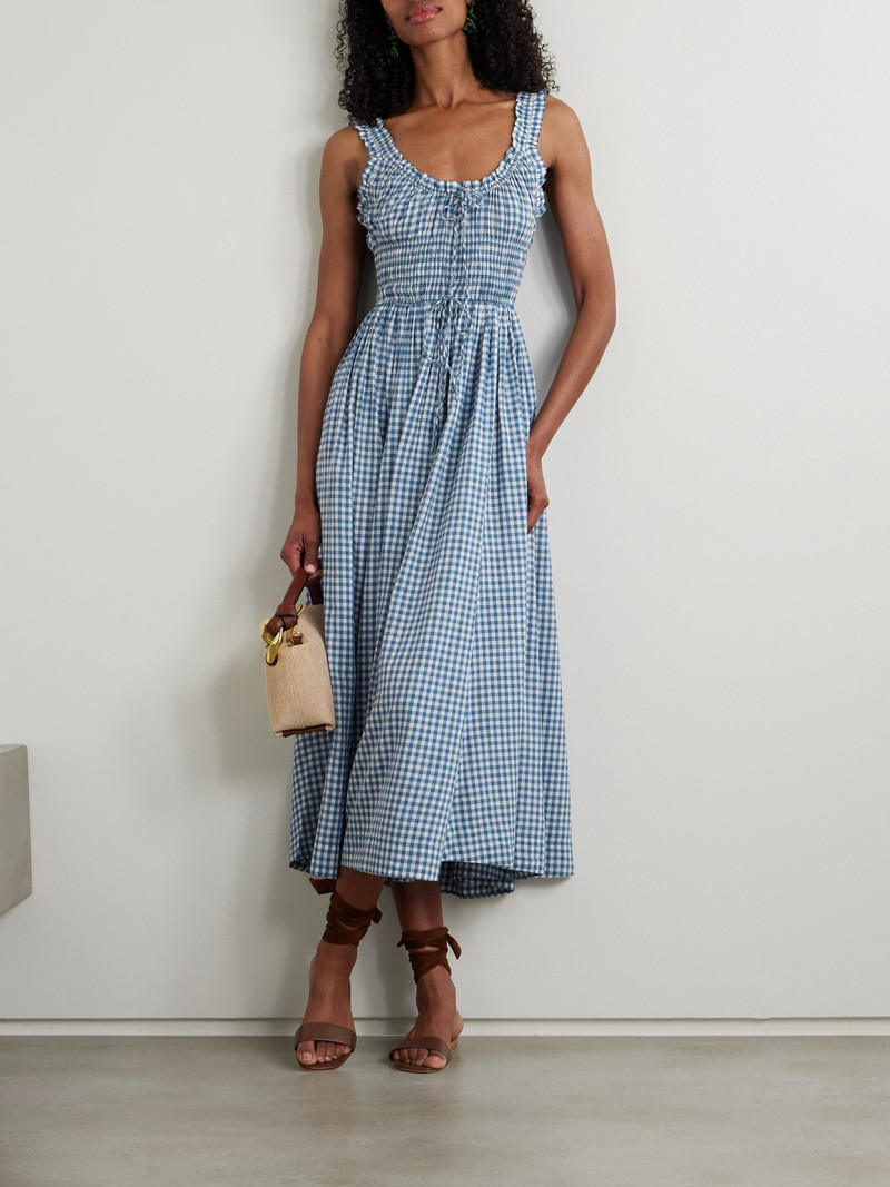 DÔEN Emmaretta checked organic cotton-blend voile midi dress Blue outlook