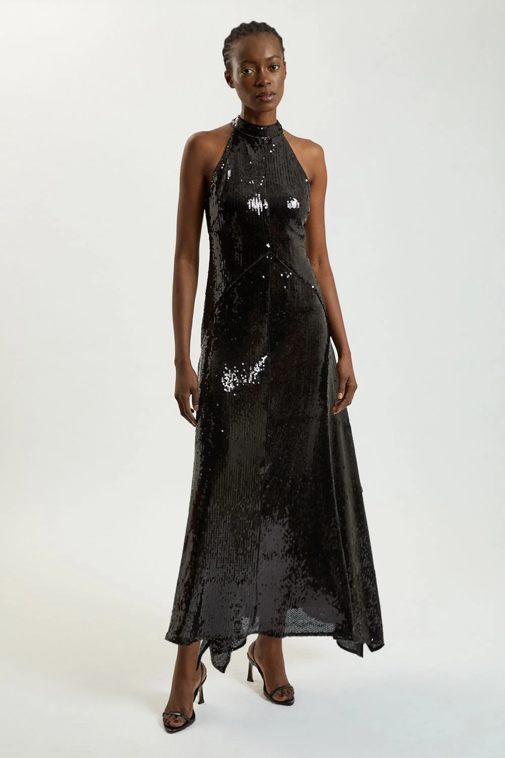 Petite Sequin Halter Neck Hanky Hem Maxi Dress - 1