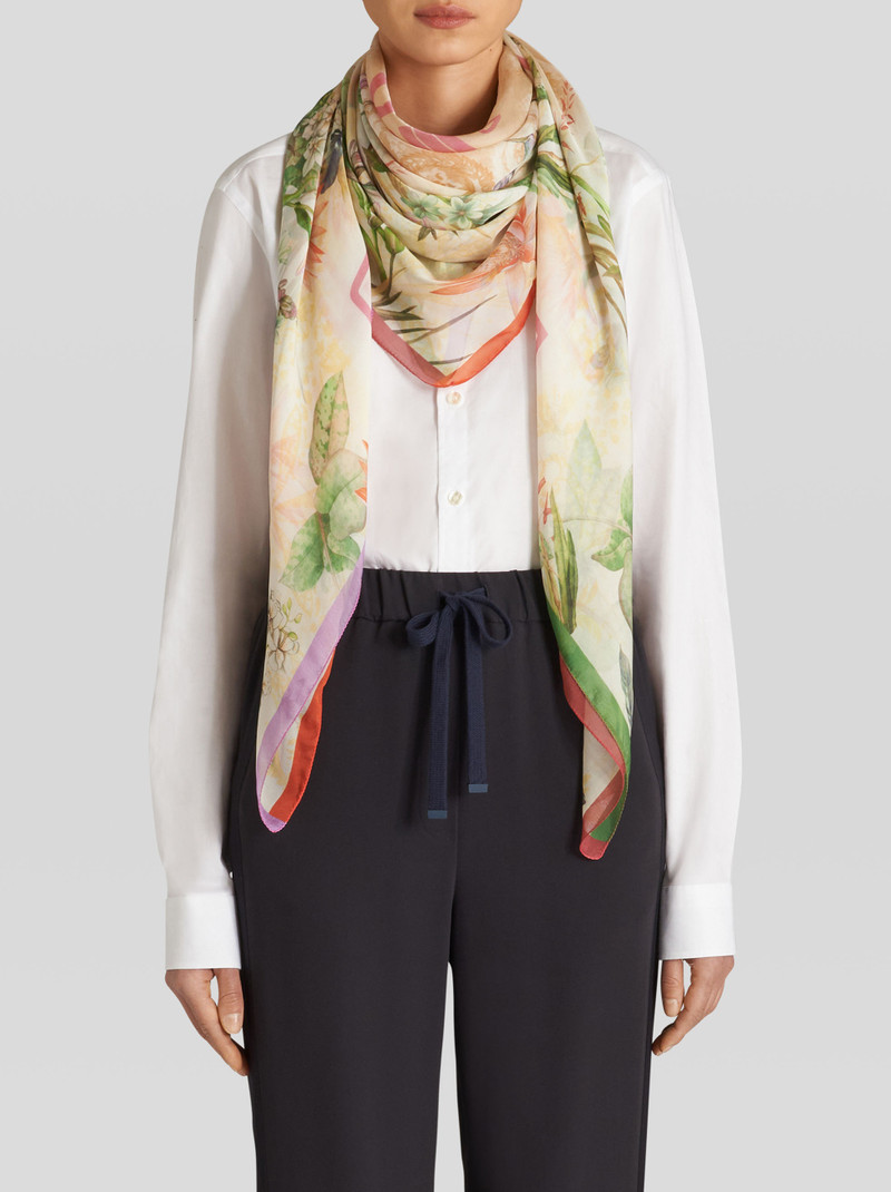Etro SILK SHAWL WITH FLOWERS, HUMMINGBIRDS AND ETRO LOGO outlook