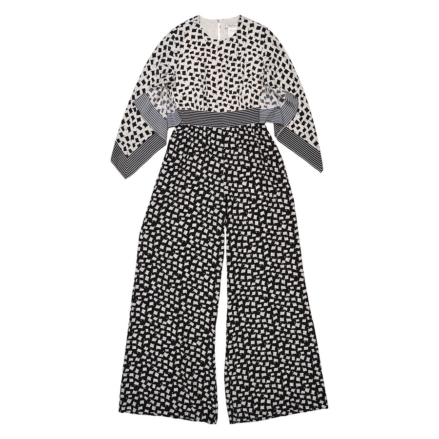 Max Mara Ladies White Black Origano Printed Silk Jumpsuit - 2