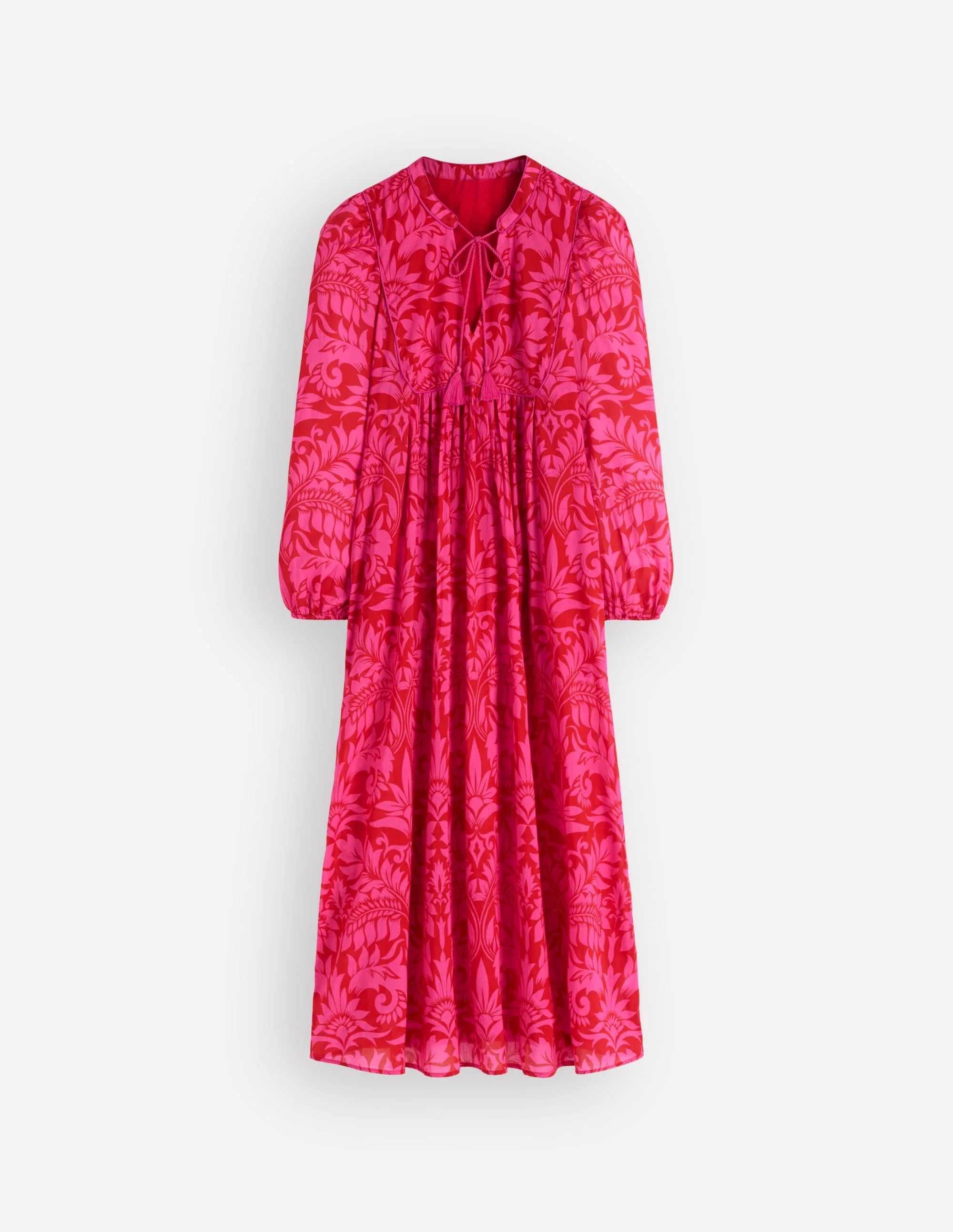 Boho Tie Neck Kaftan-Red Ornamental Foilage - 1