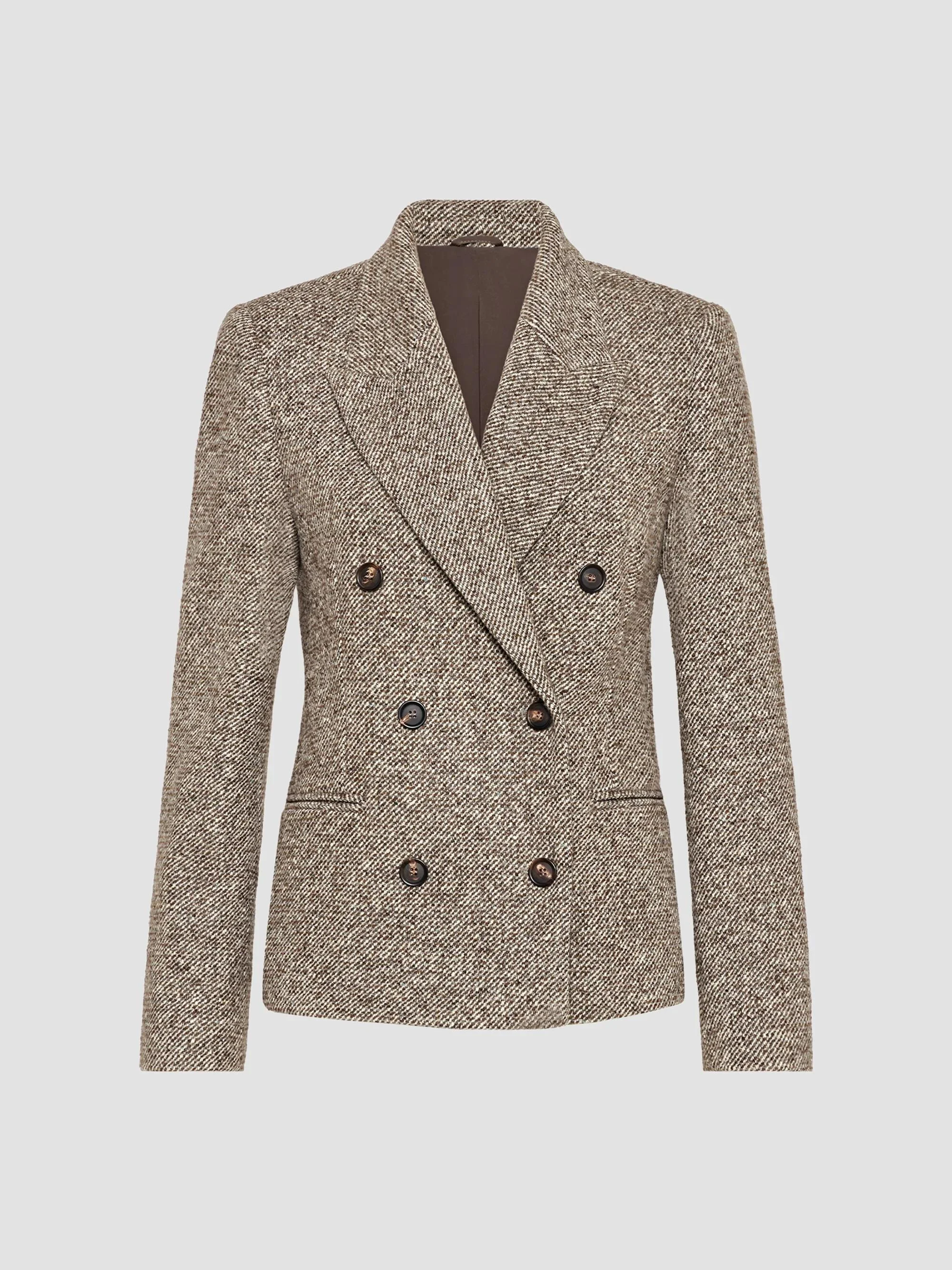 Women's Virgin Wool and Silk Mélange Diagonal Blazer with Monili - Brown - 1
