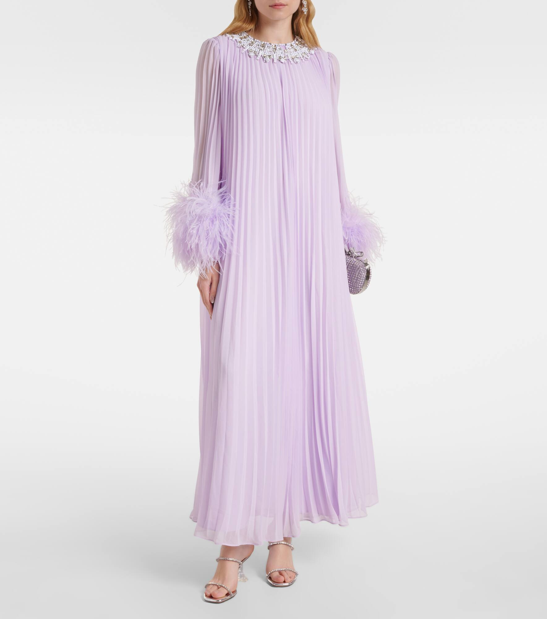 Feather-trimmed plissé chiffon midi dress - 2