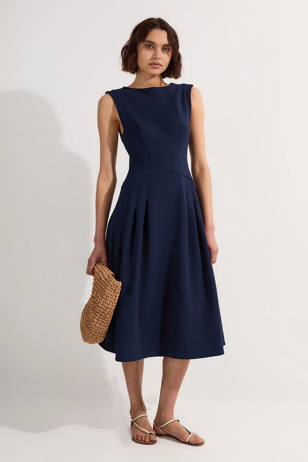 Compact Stretch Open Back Full Skirted Tailored Midi Dress - 1