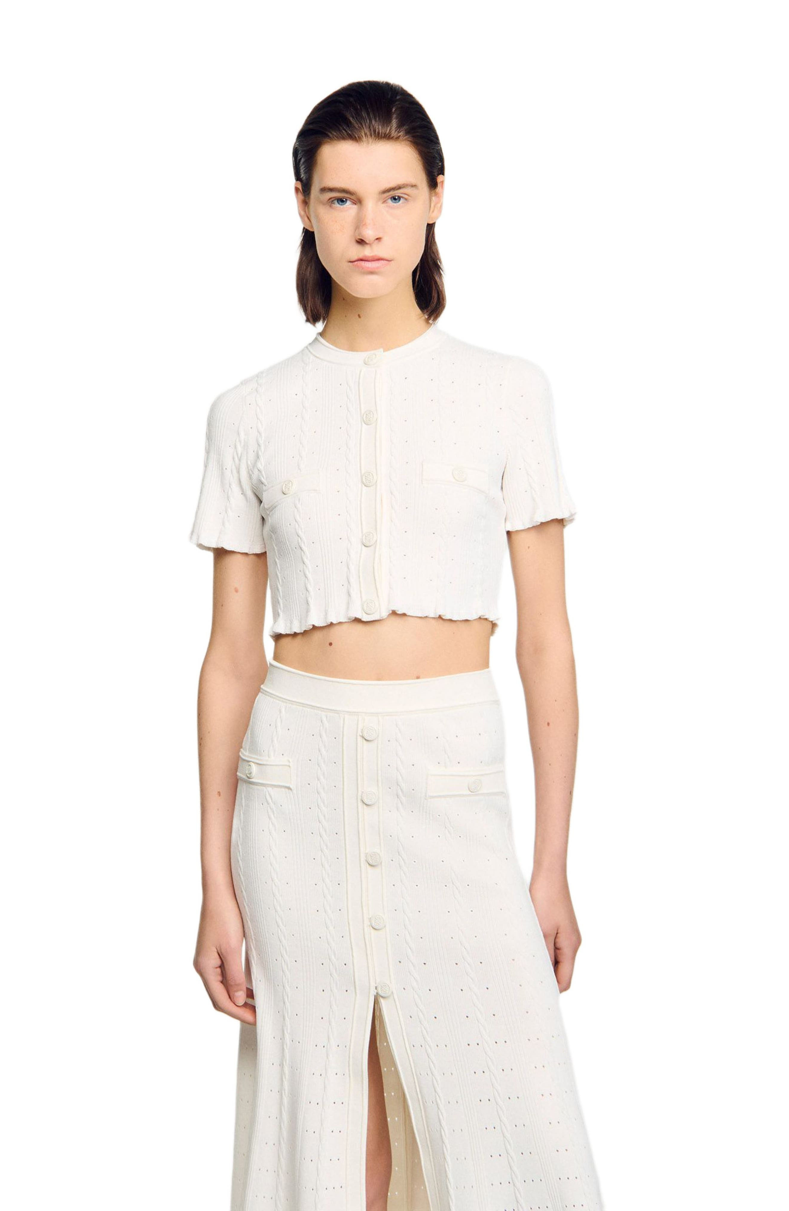 SANDRO Cropped pointelle knit cardigan in Ecru at Nordstrom - 3