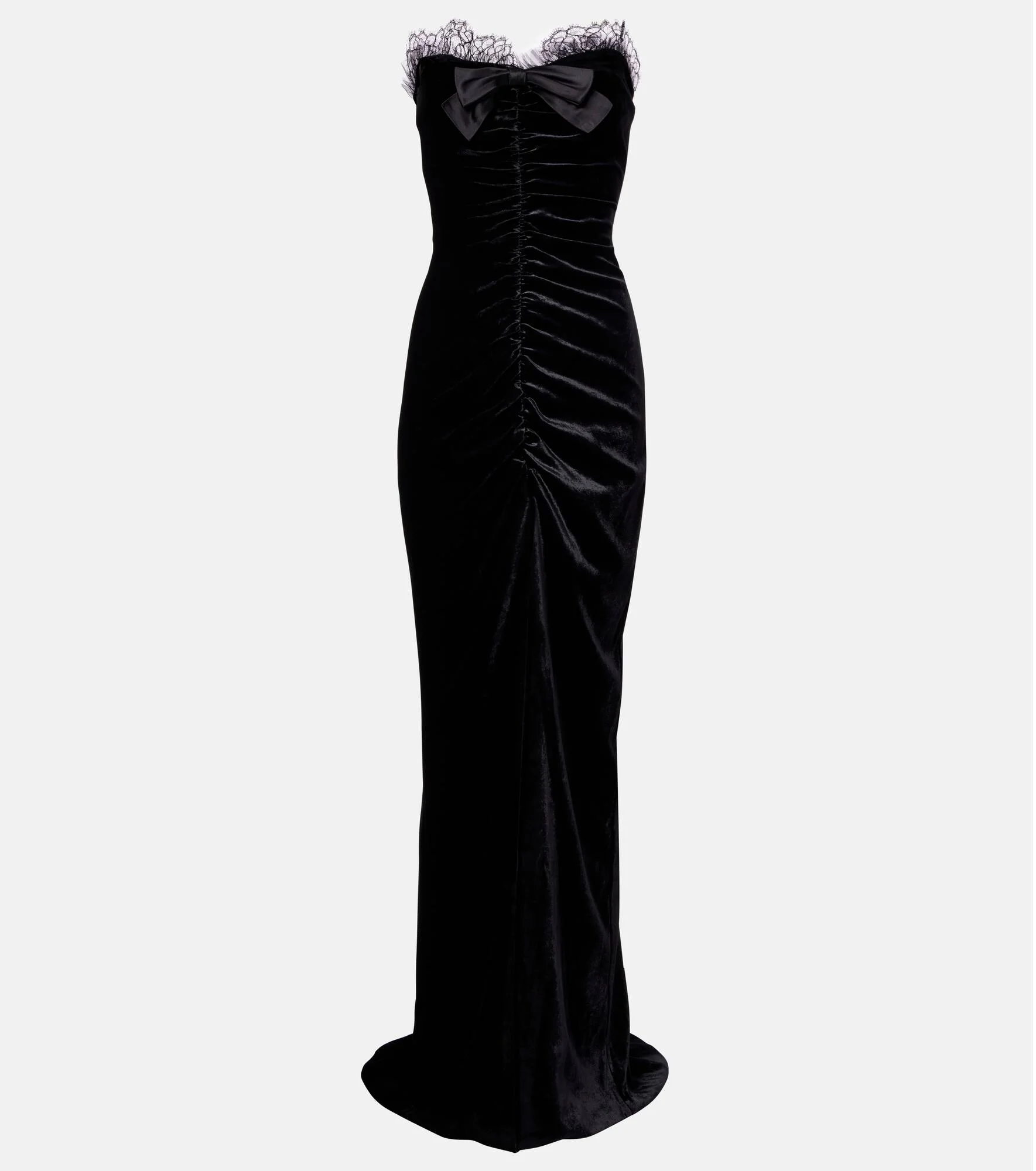 Bow-detail ruched silk-trimmed velvet gown - 1