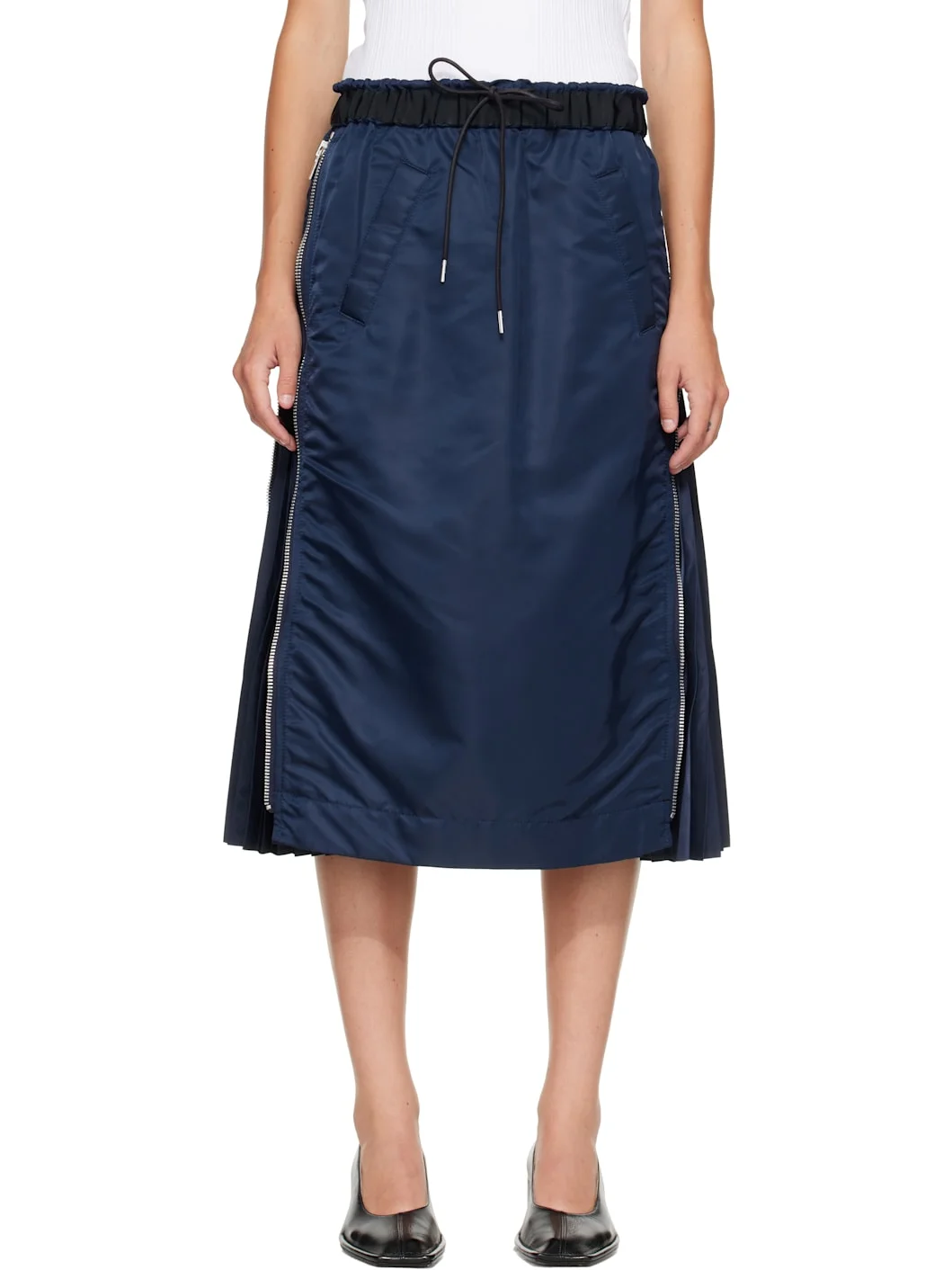 Navy Nylon Twill Midi Skirt - 1