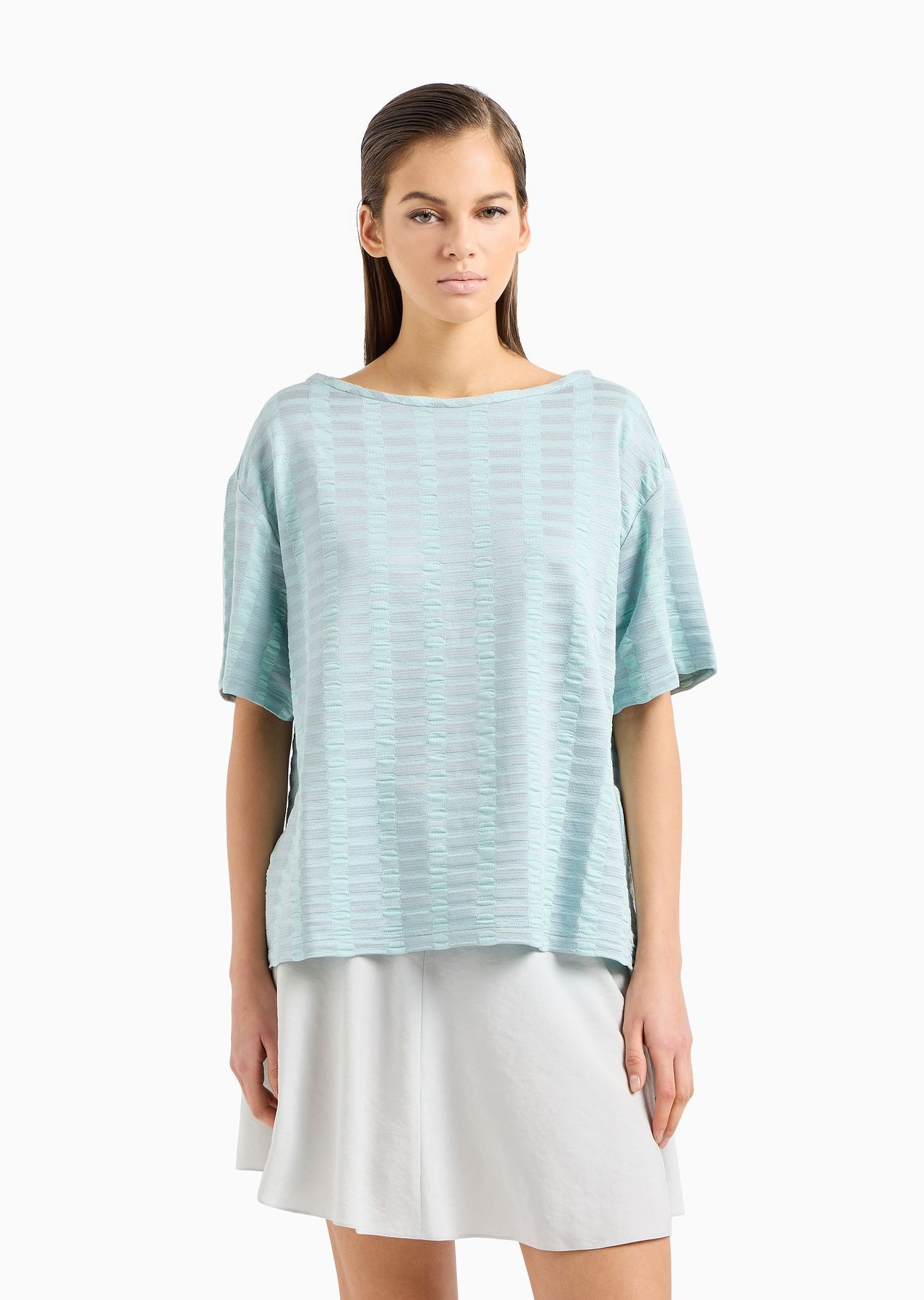 Boxy short-sleeved jumper in two-tone viscose jacquard with embossed effect - 2