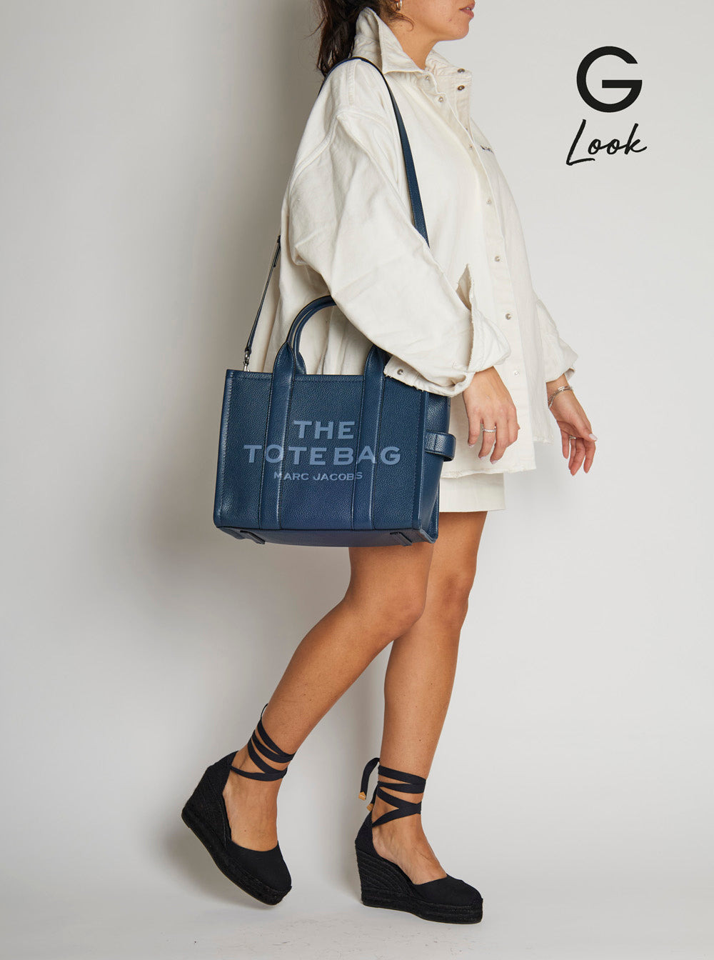 Marc Jacobs Women 'The Tote Bag Medium' Blue Bag With Logo Print On The Front In Hammered Leather Wo - 6