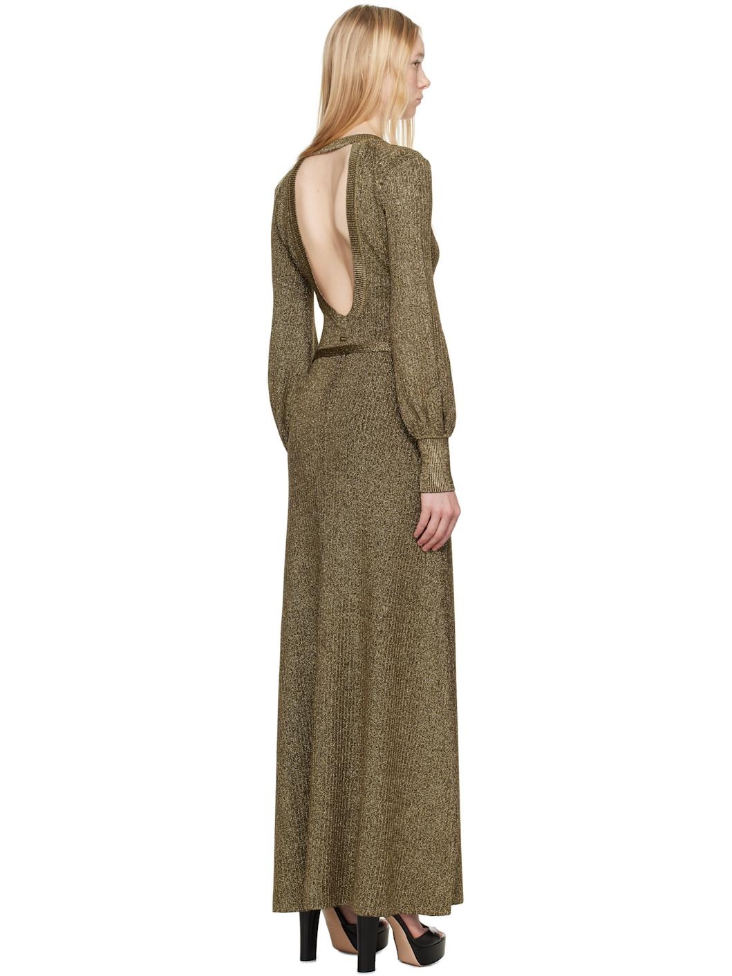 Gold & Brown Long V-Neck Open Back Maxi Dress - 3