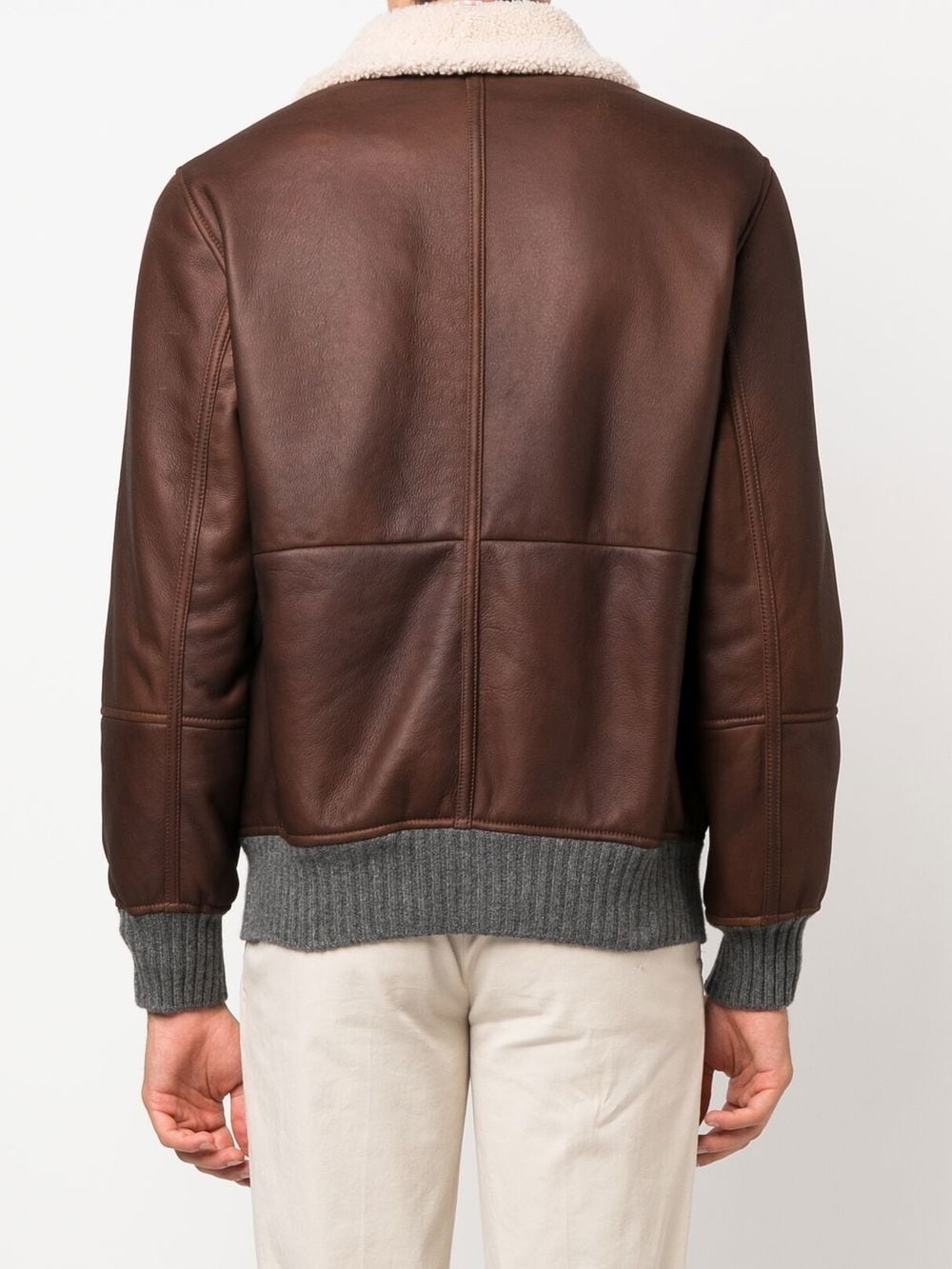 sheepskin-collar zip-up leather jacket - 4