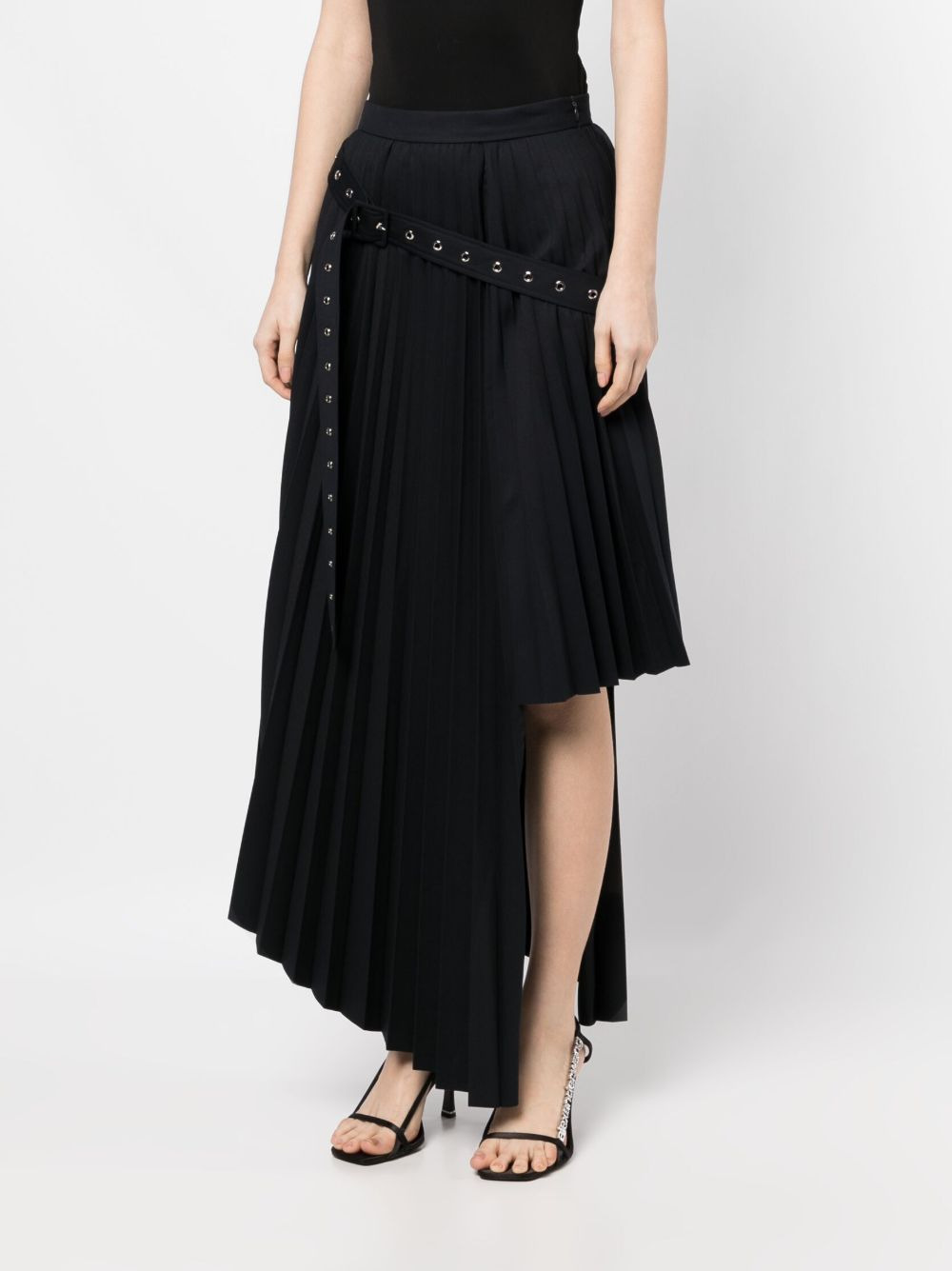 belt-detail asymmetric pleated skirt - 3