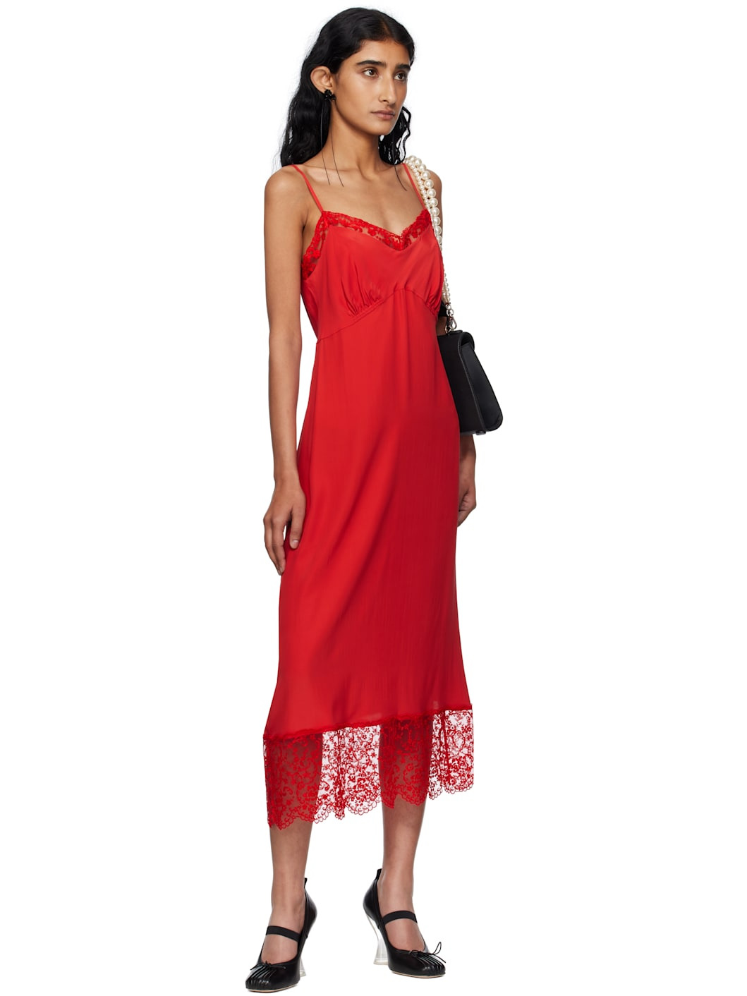 Red Deep Lace Trim Slip Midi Dress - 4
