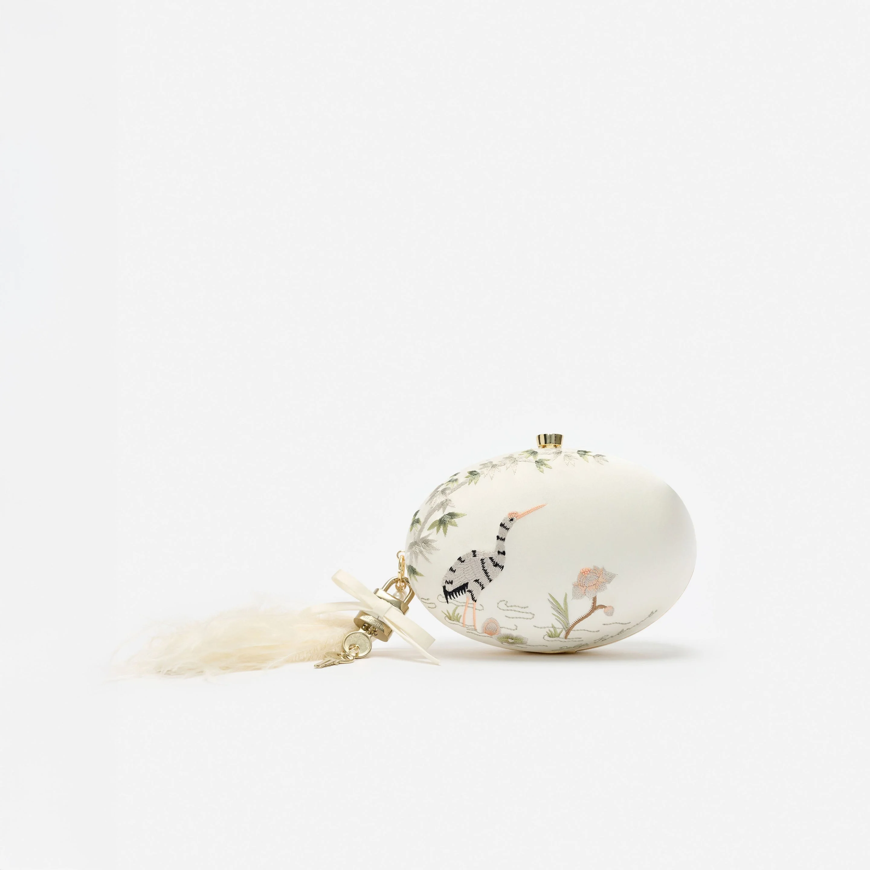 Cream Satin Embroidered Oval Clutch Bag - 1