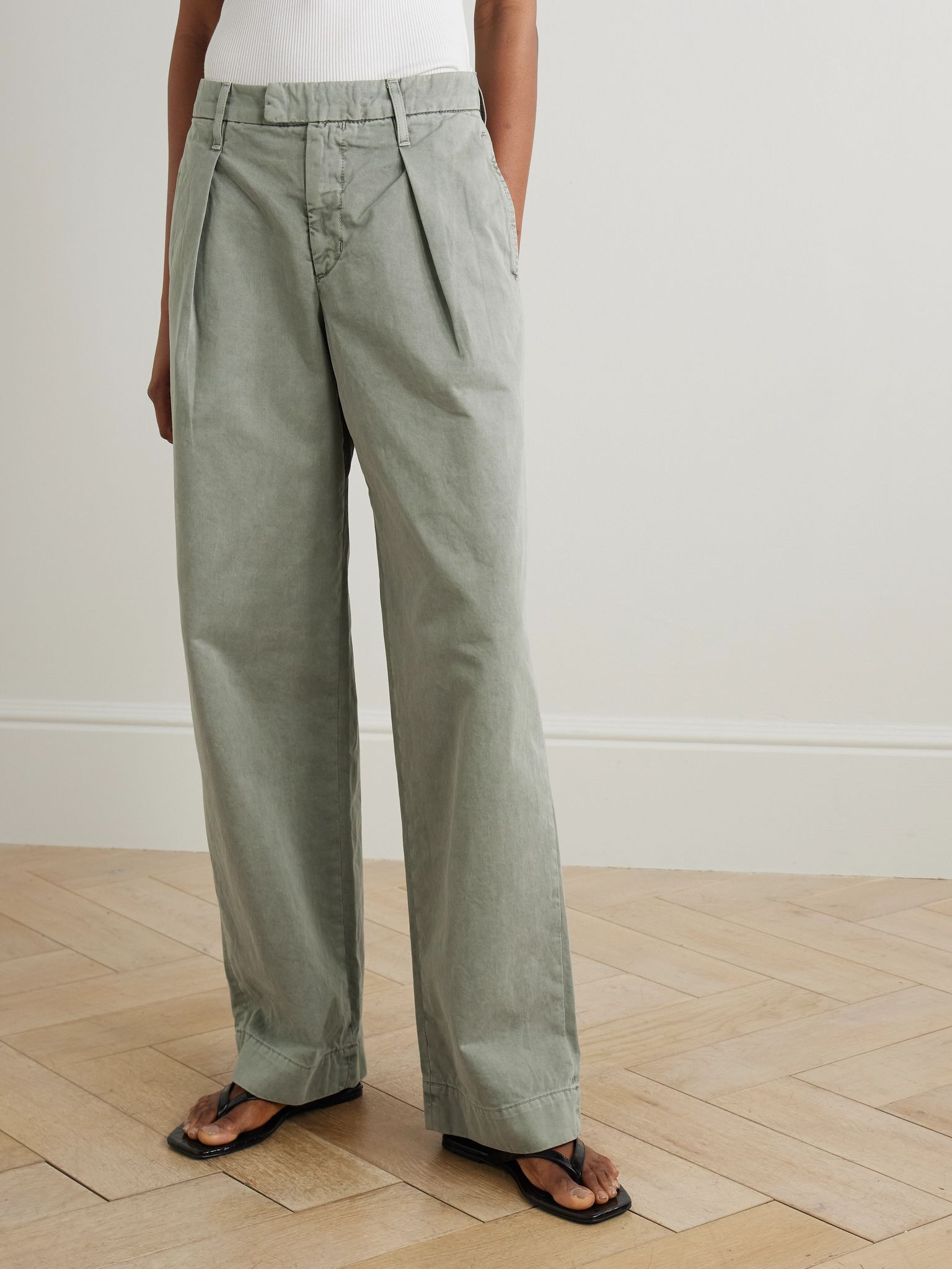 Pleated cotton wide-leg pants Sage green - 3