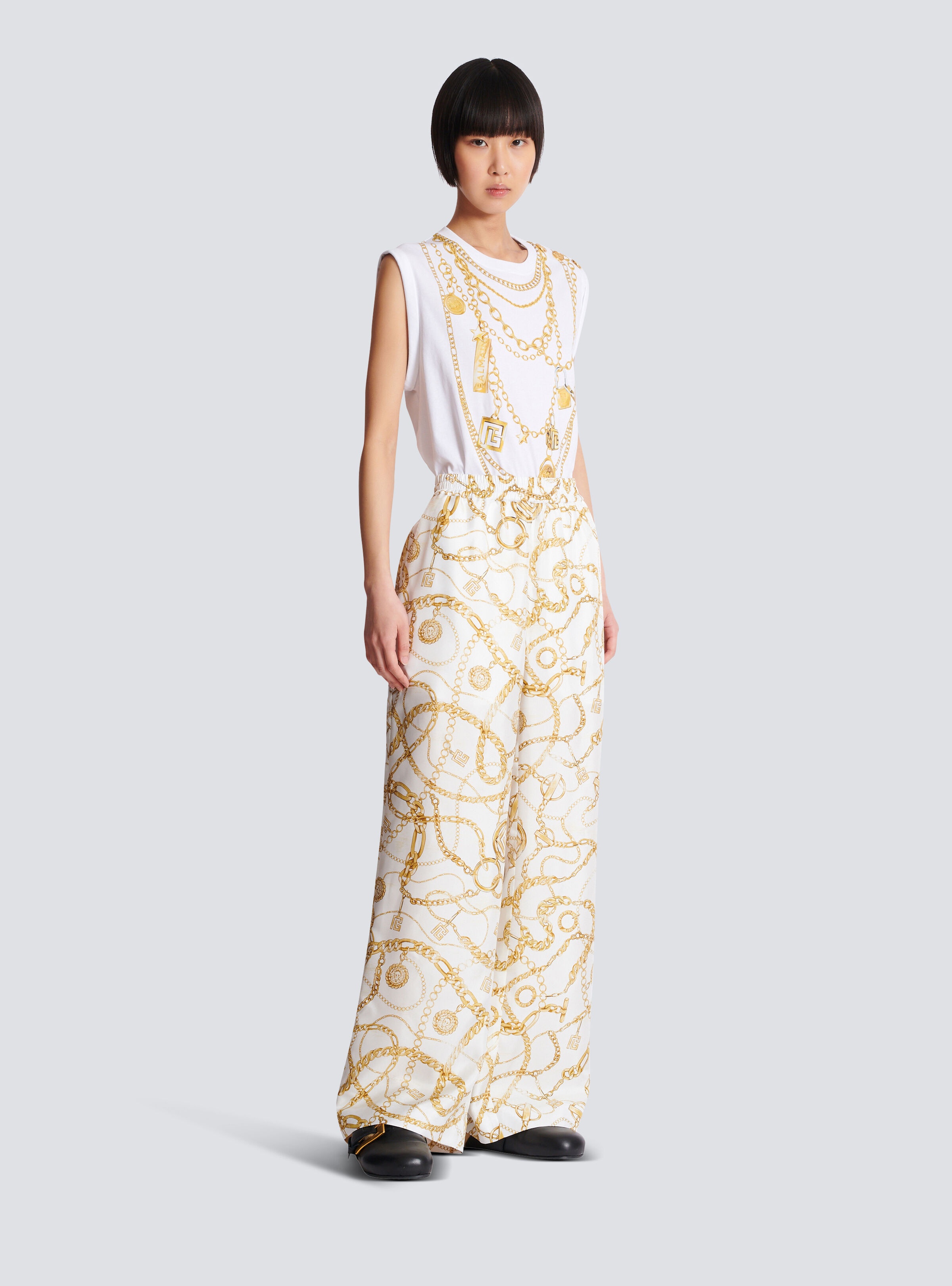 Flowing printed silk trousers with Balmain Chains pattern - 3