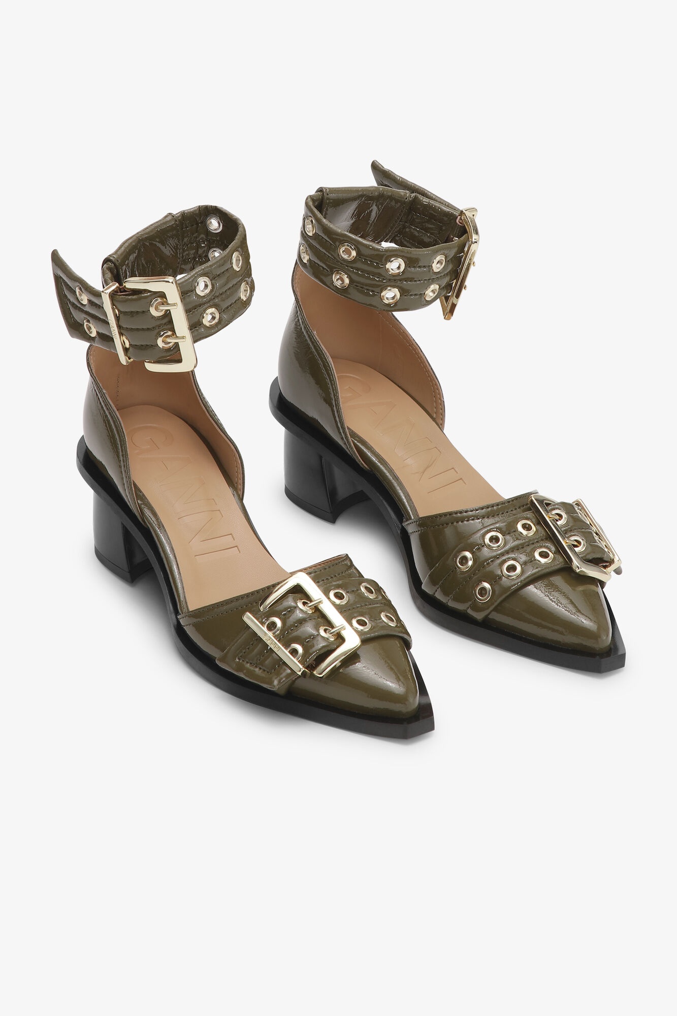 OLIVE GREEN FEMININE BUCKLE OPEN CUT PUMPS - 2