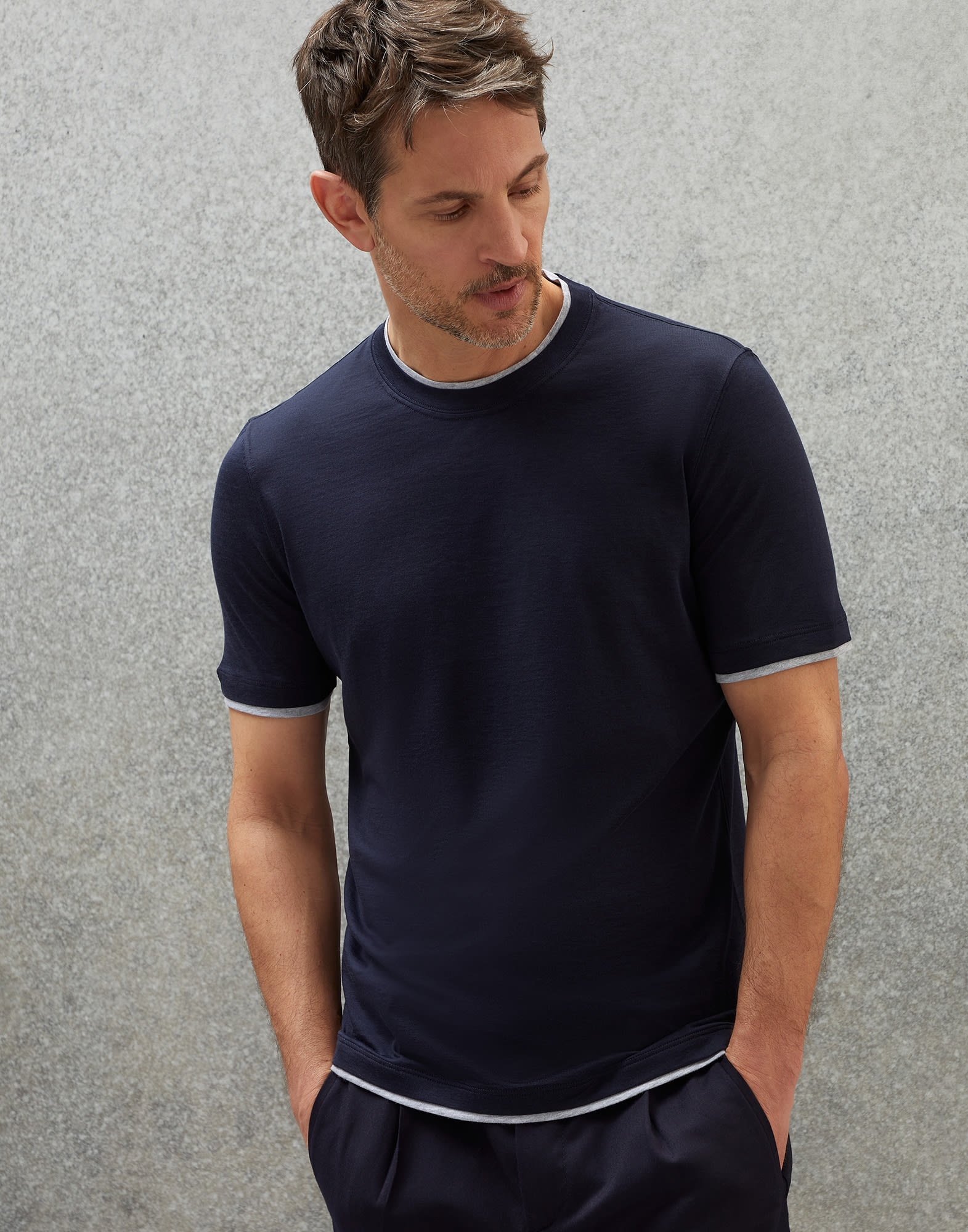 Silk and cotton jersey round neck slim fit T-shirt with faux-layering