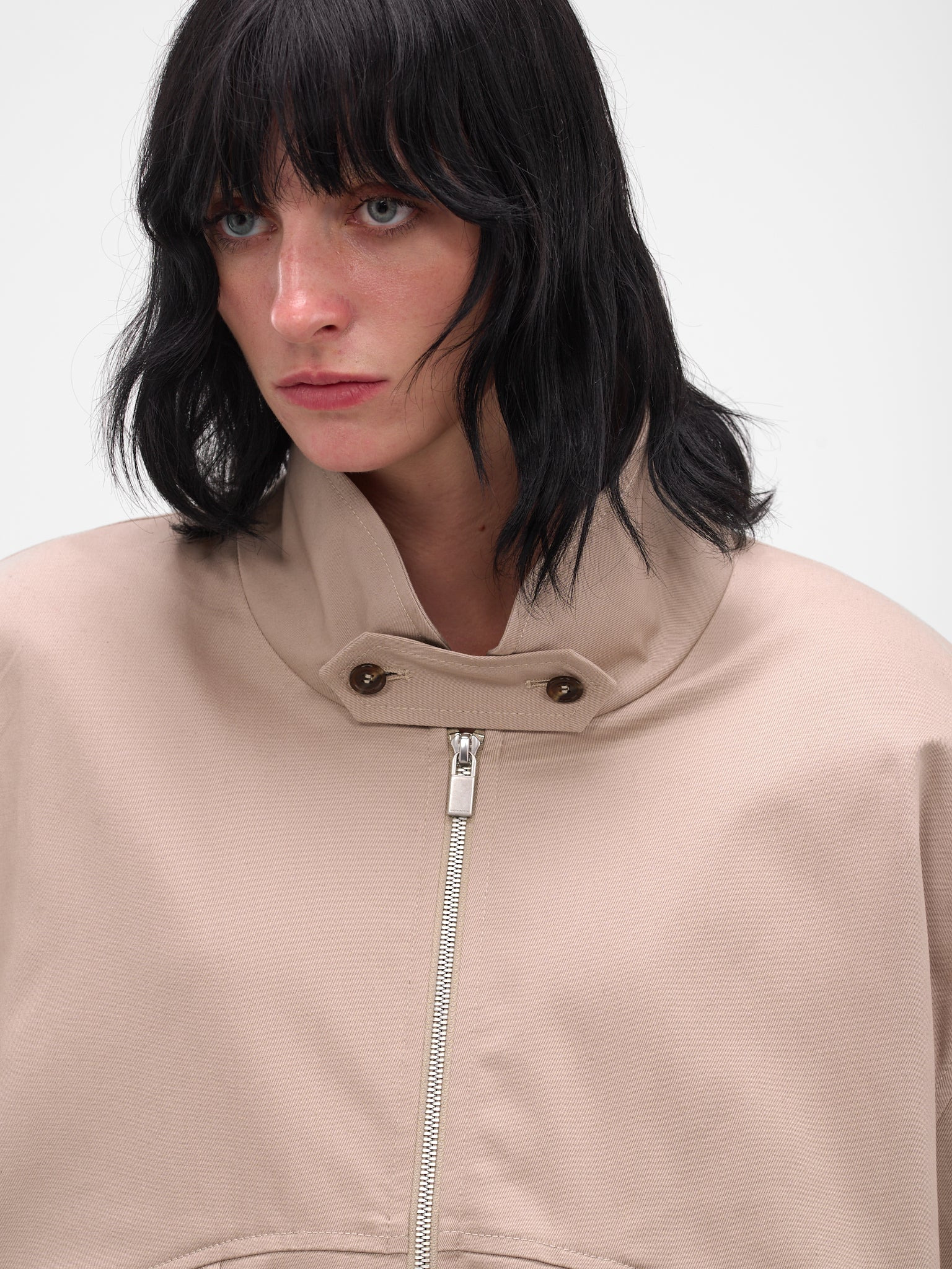 Beige Oversized Highneck Crop Bomber - 4