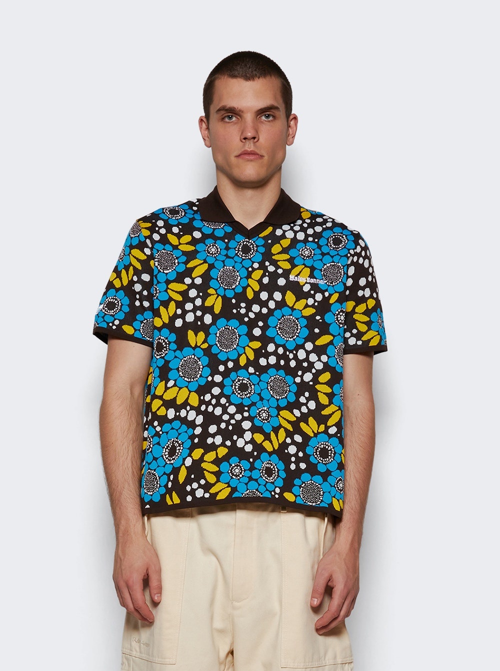 X Wales Bonner Knit Polo Shirt Blue Floral - 3