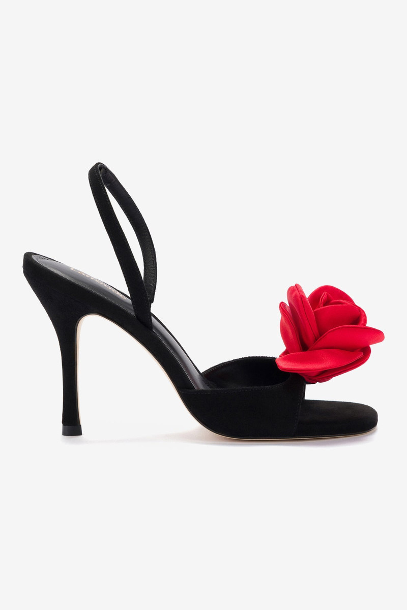 Salma Sandal In Black Suede and Scarlet Satin 1