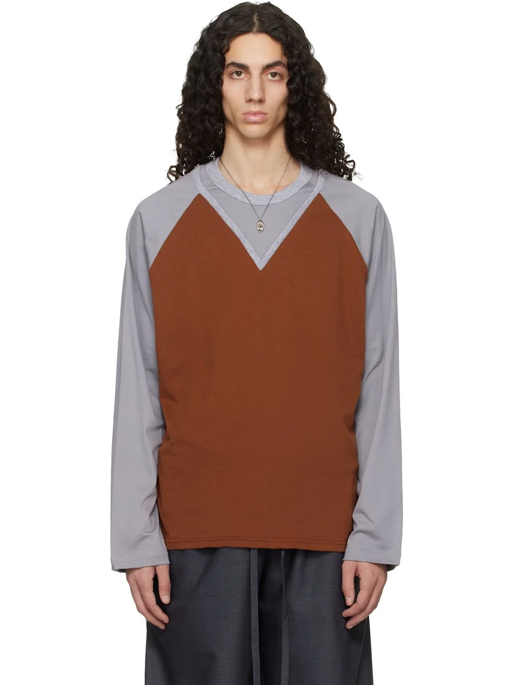 Tan & Gray W-Neck Cotton T-shirt - 1