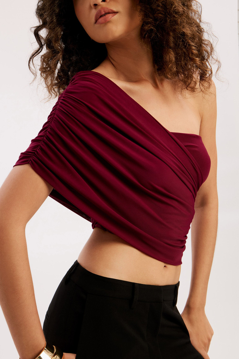 BARDOT Harley One Shoulder Mesh Top In Mulberry outlook