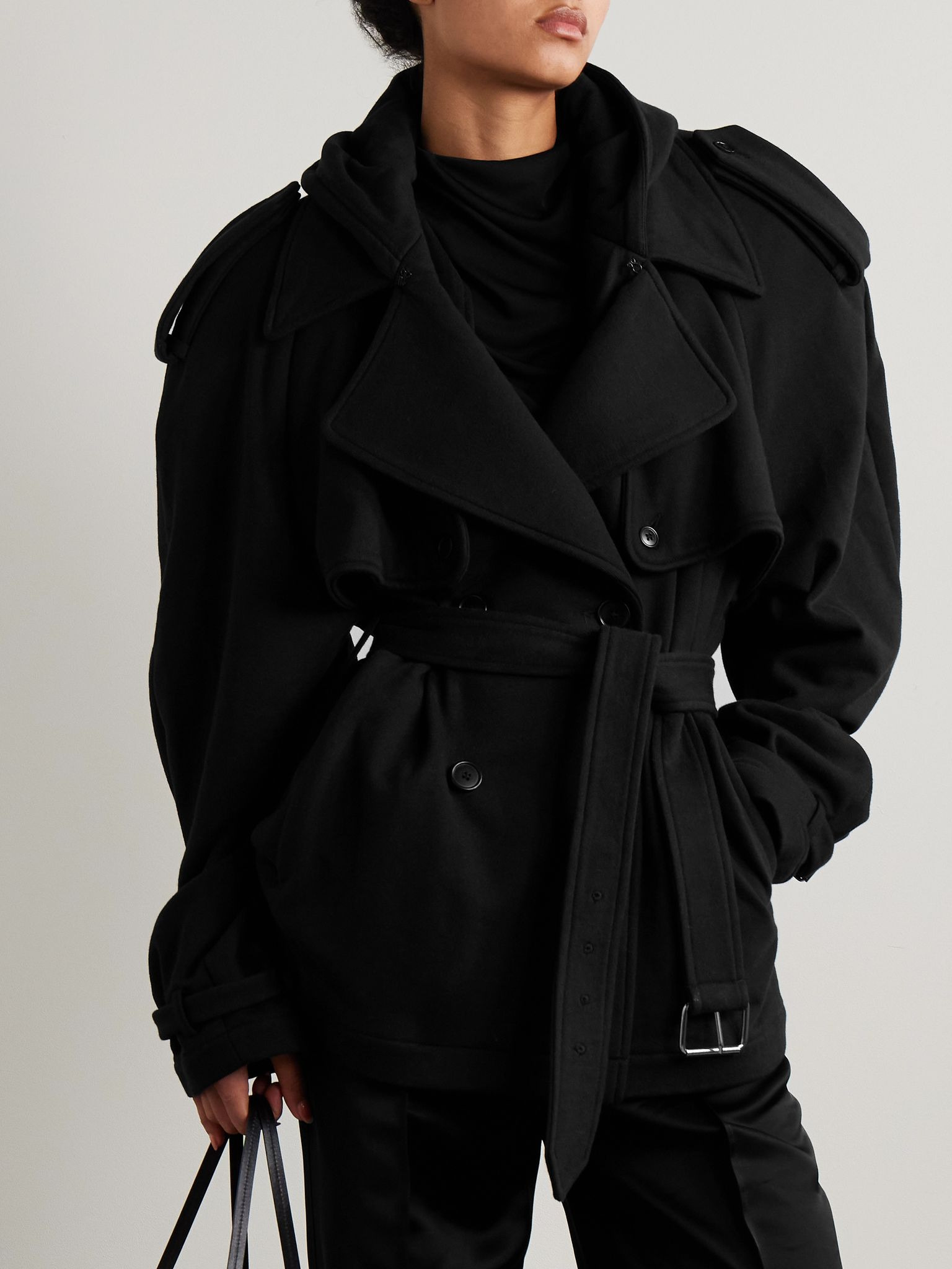 Hooded double-breasted belted cotton-jersey jacket Black - 3