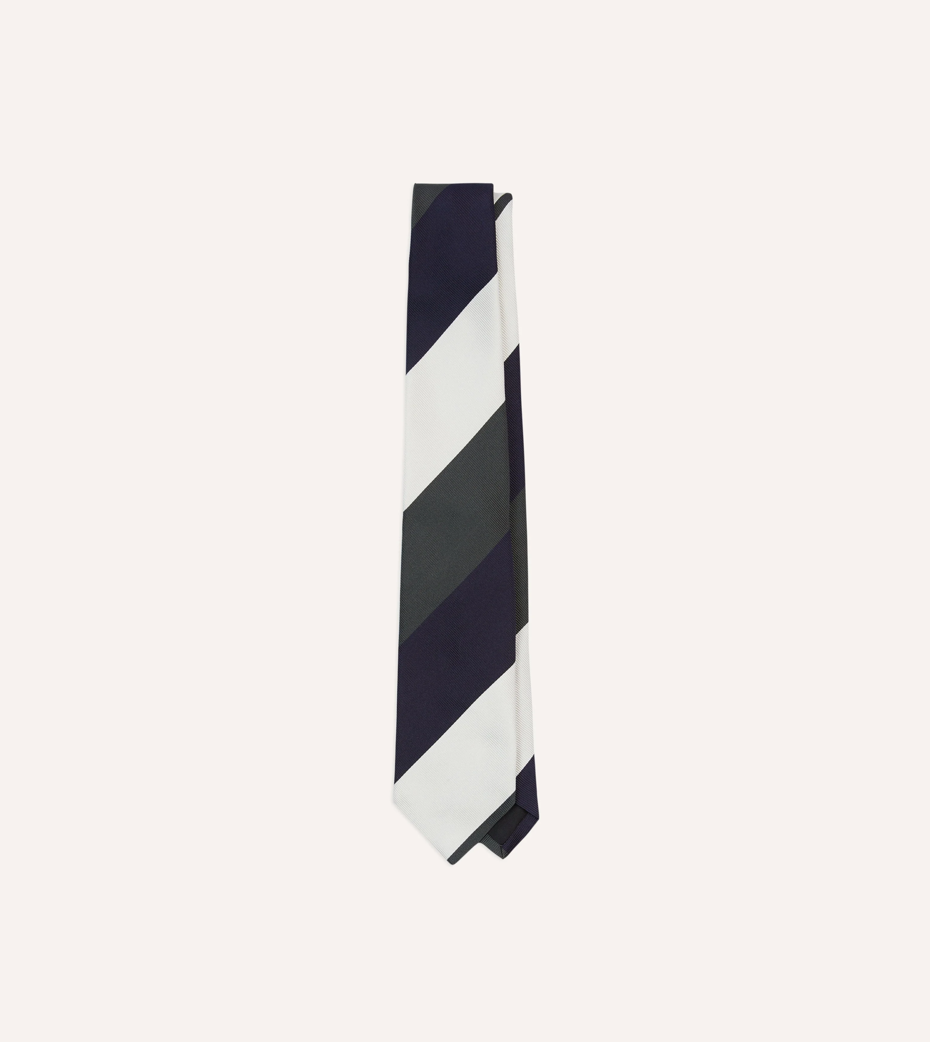 White, Navy and Grey Wide Stripe Repp Silk Tipped Tie - 1