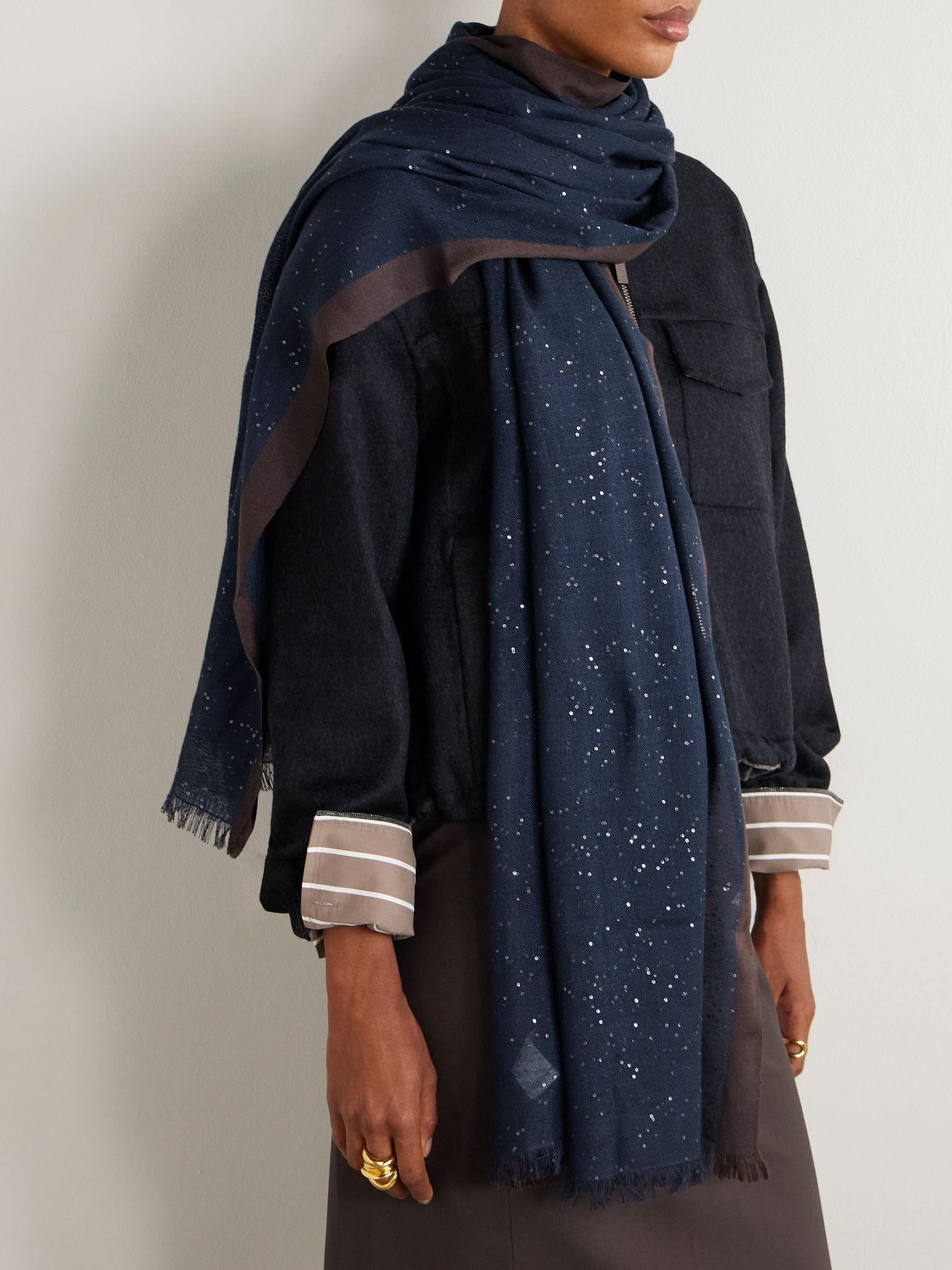 Sequined cashmere and silk-blend scarf Navy - 2